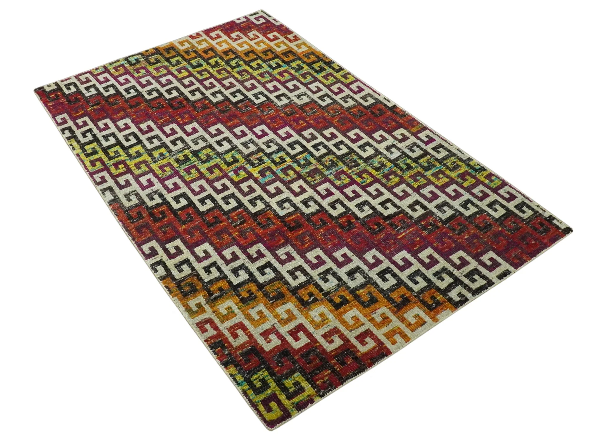 5.6x8.6 Ivory, Rust, Black and Mustard Greek key design Hand Knotted wool area rug - Image 9