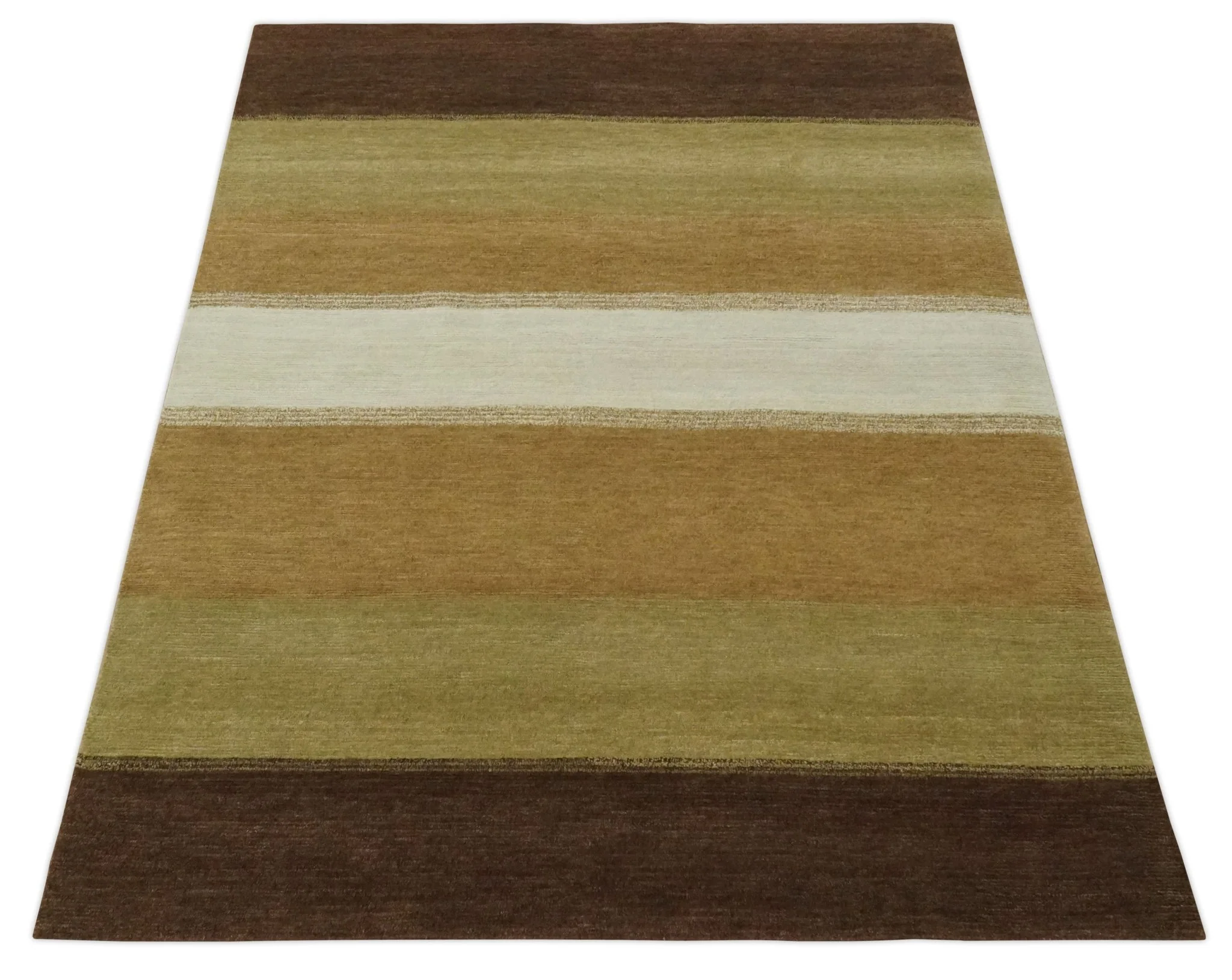 Ivory, Rust, Olive and Brown Modern Geometrical Stripes Hand knotted 5.6x6.6 wool Area Rug - Image 10