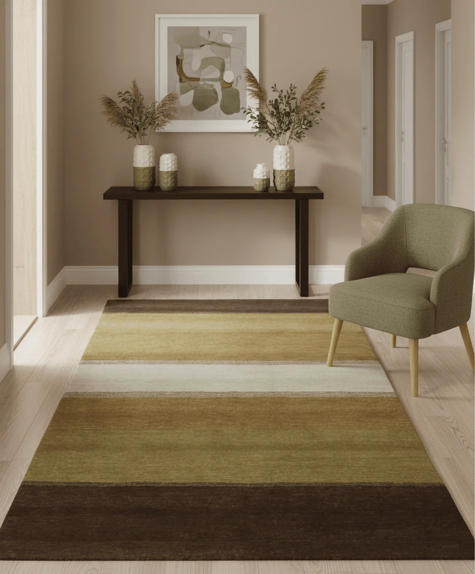 Ivory, Rust, Olive and Brown Modern Geometrical Stripes Hand knotted 5.6x6.6 wool Area Rug - Image 2