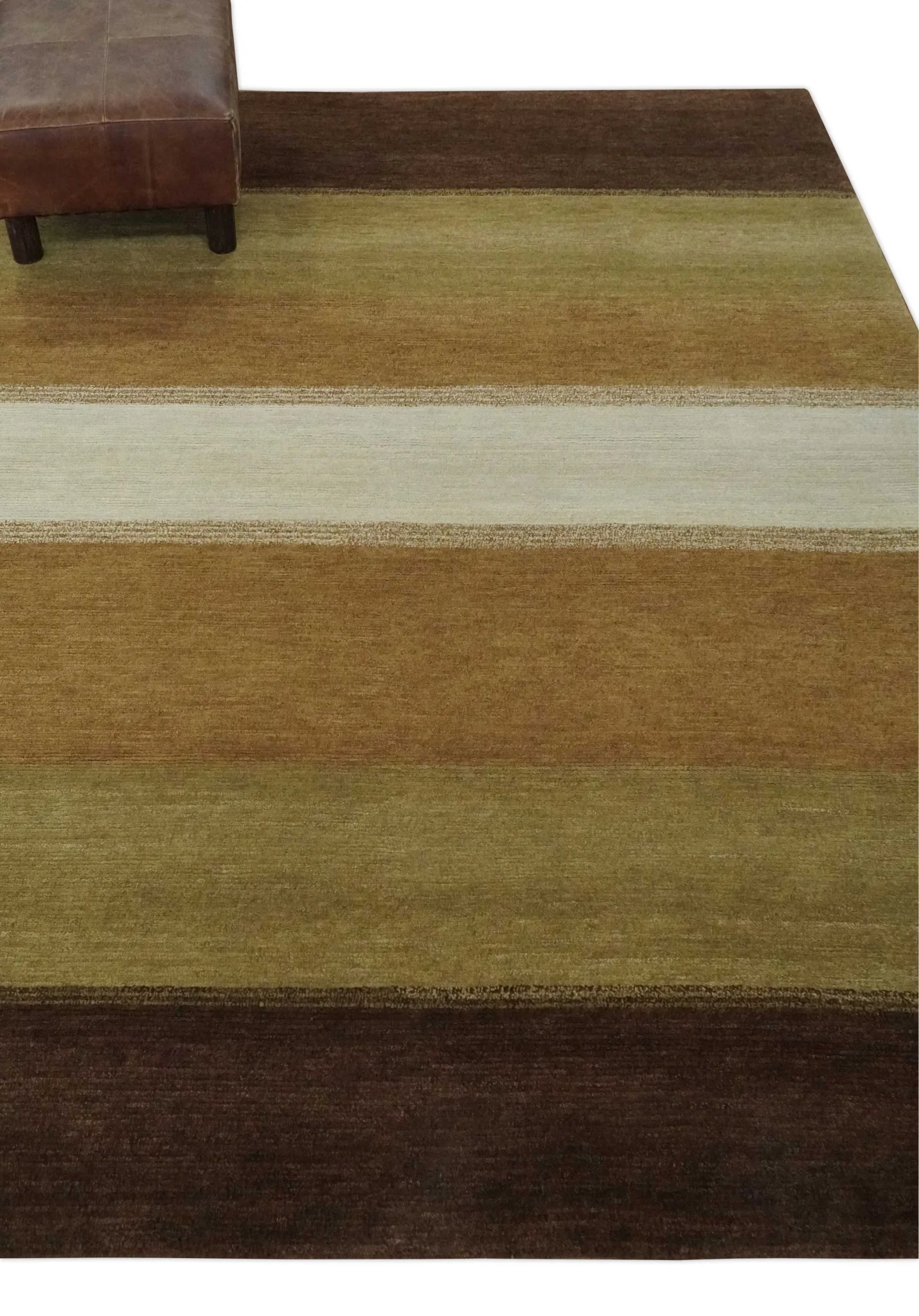 Ivory, Rust, Olive and Brown Modern Geometrical Stripes Hand knotted 5.6x6.6 wool Area Rug - Image 4