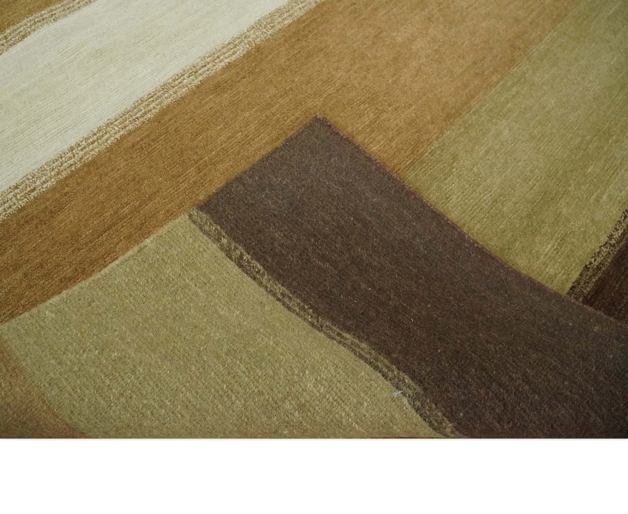 Ivory, Rust, Olive and Brown Modern Geometrical Stripes Hand knotted 5.6x6.6 wool Area Rug - Image 7