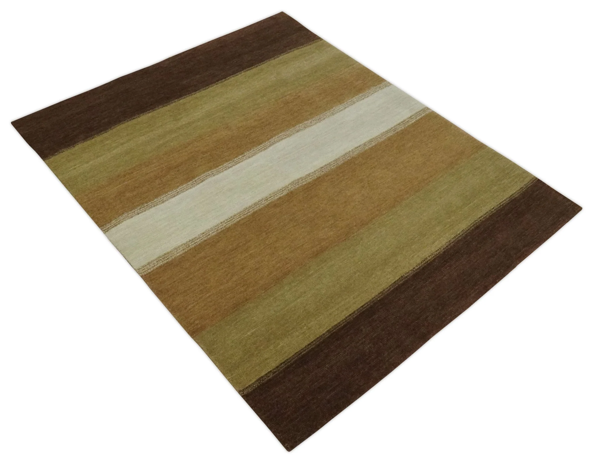 Ivory, Rust, Olive and Brown Modern Geometrical Stripes Hand knotted 5.6x6.6 wool Area Rug - Image 9