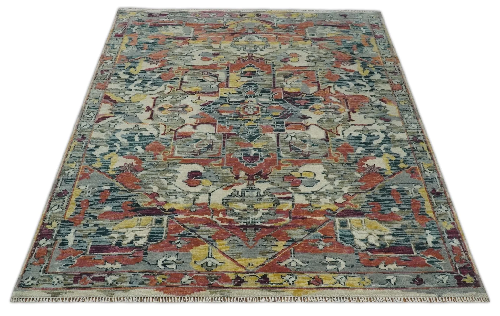 Transitional Ivory, Rust, Yellow Custom Made Turkish Design wool Area Rug - Image 9