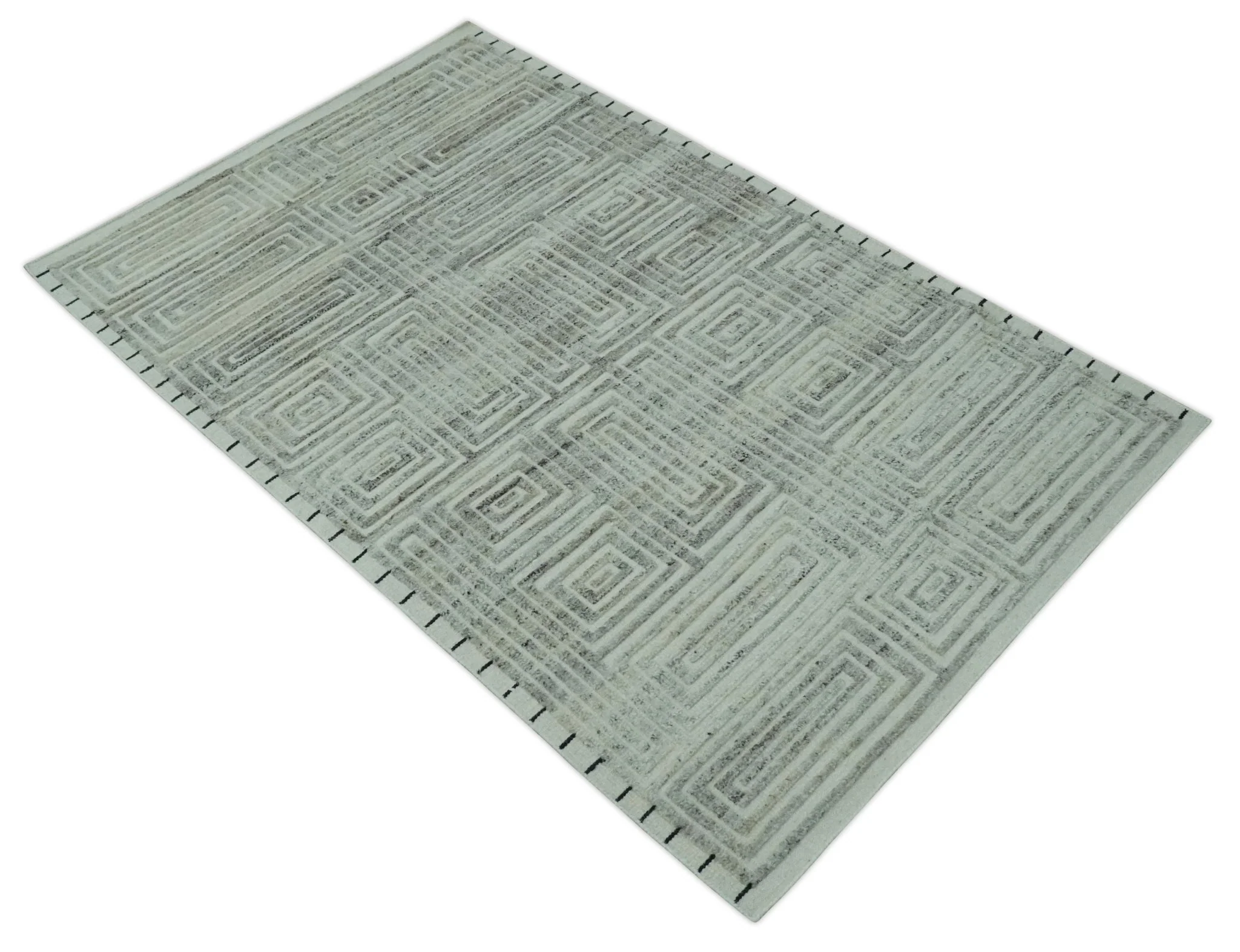 Ivory, Silver and Charcoal Modern Geometrical Puzzle Design hand knotted 5x8 wool Area Rug - Image 10