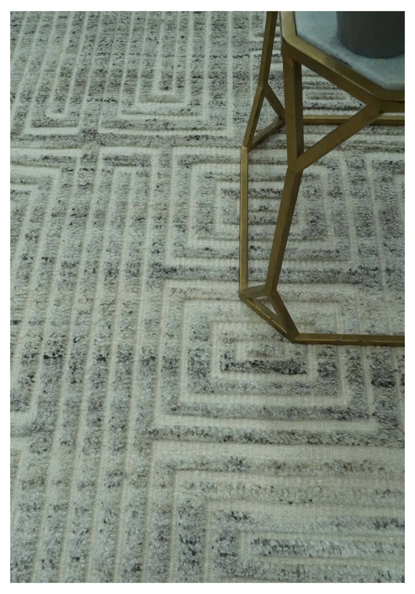 Ivory, Silver and Charcoal Modern Geometrical Puzzle Design hand knotted 5x8 wool Area Rug - Image 2