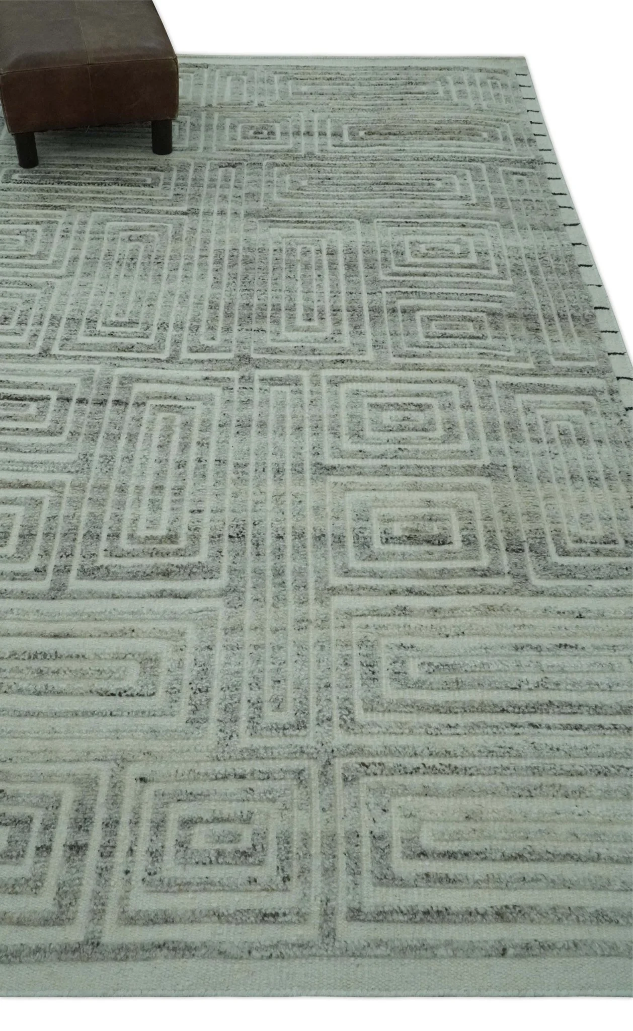 Ivory, Silver and Charcoal Modern Geometrical Puzzle Design hand knotted Custom Made wool Area Rug - Image 3