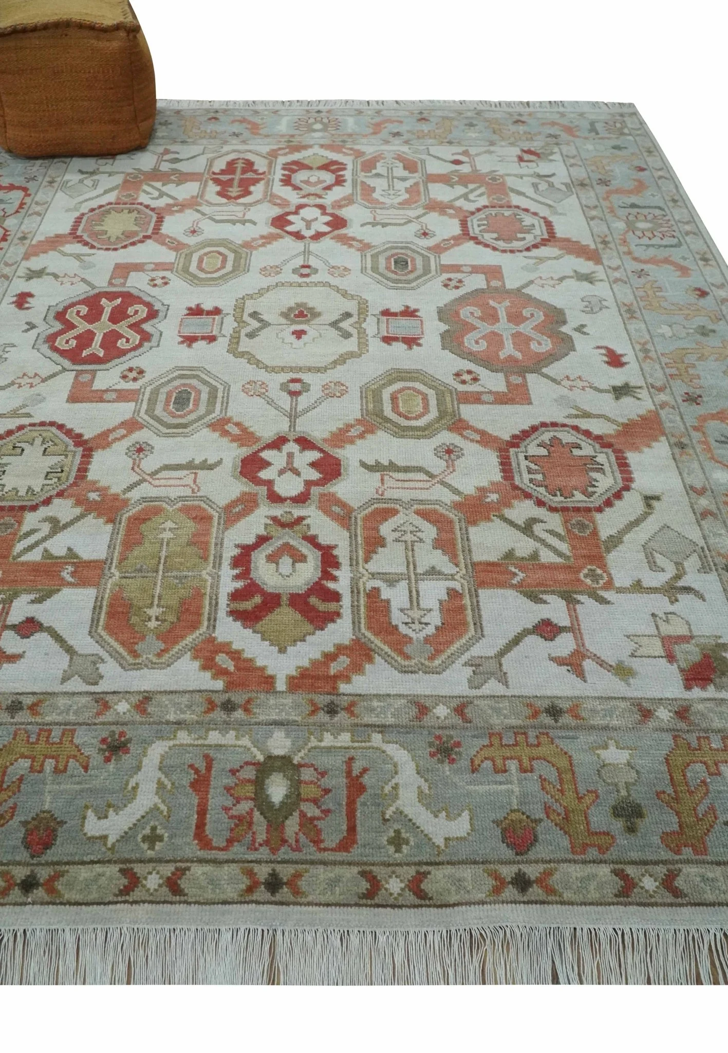 Custom Made Hand Knotted Ivory, Silver and Rust Traditional Wool Area Rug - Image 3