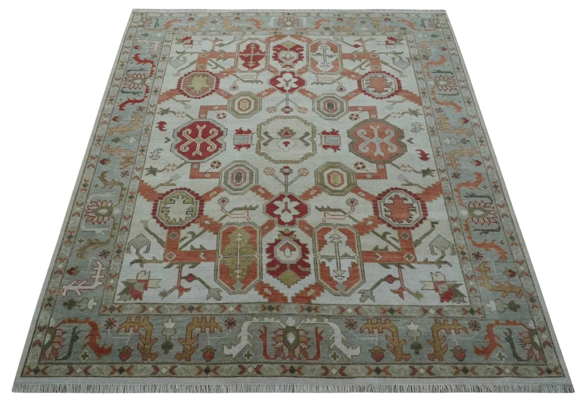 Custom Made Hand Knotted Ivory, Silver and Rust Traditional Wool Area Rug - Image 9