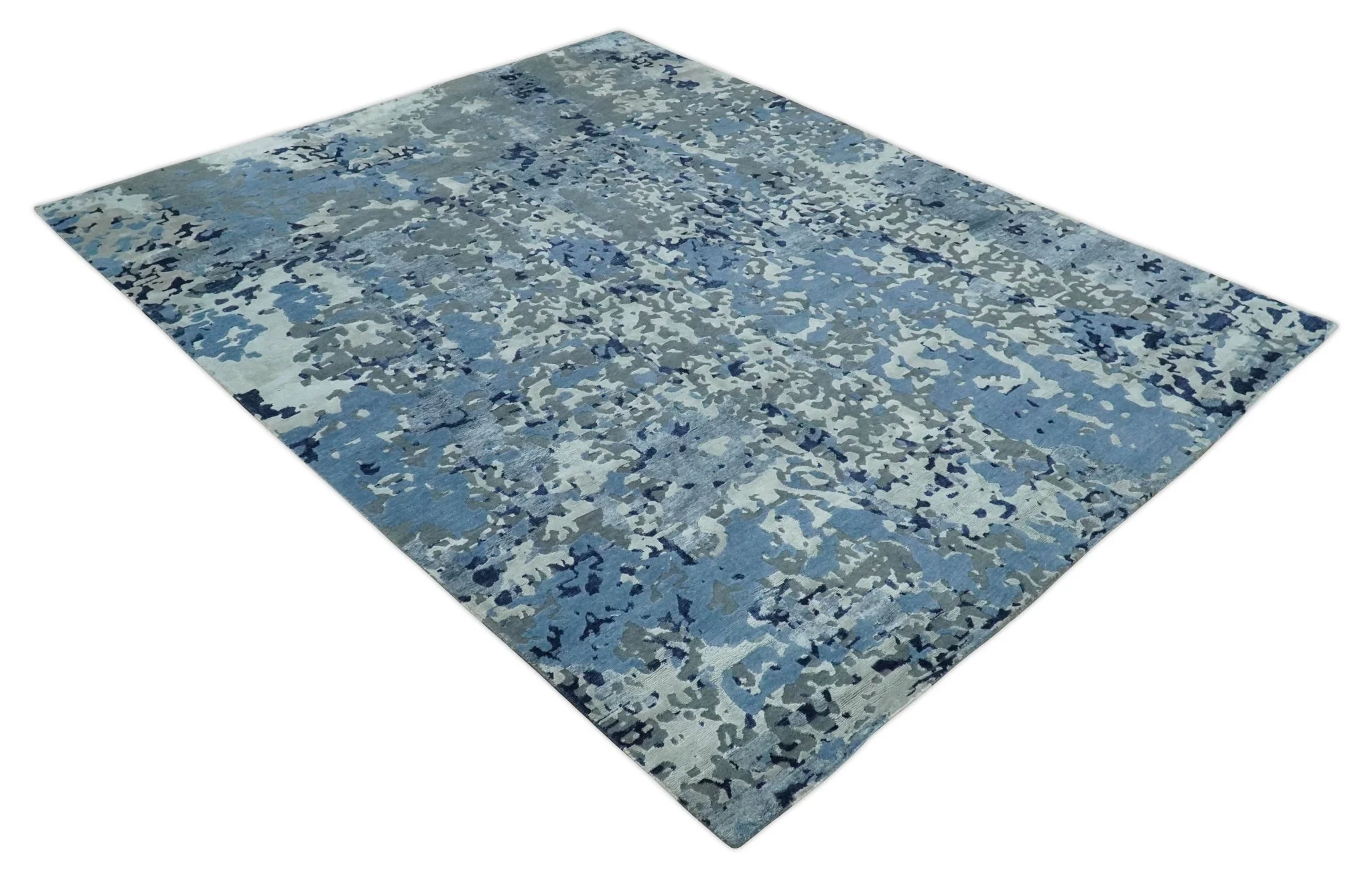 8x10 Ivory, Silver, Blue and Blue Modern Abstract Hand Knotted Wool and Bamboo Silk Area Rug - Image 10