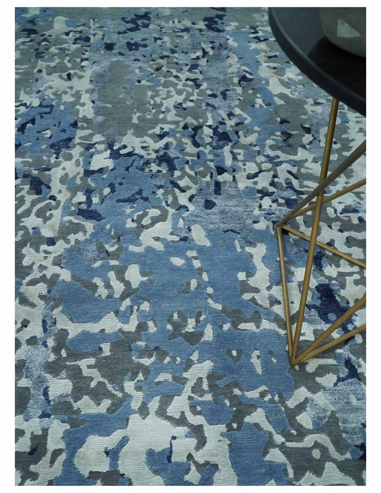 8x10 Ivory, Silver, Blue and Blue Modern Abstract Hand Knotted Wool and Bamboo Silk Area Rug - Image 2