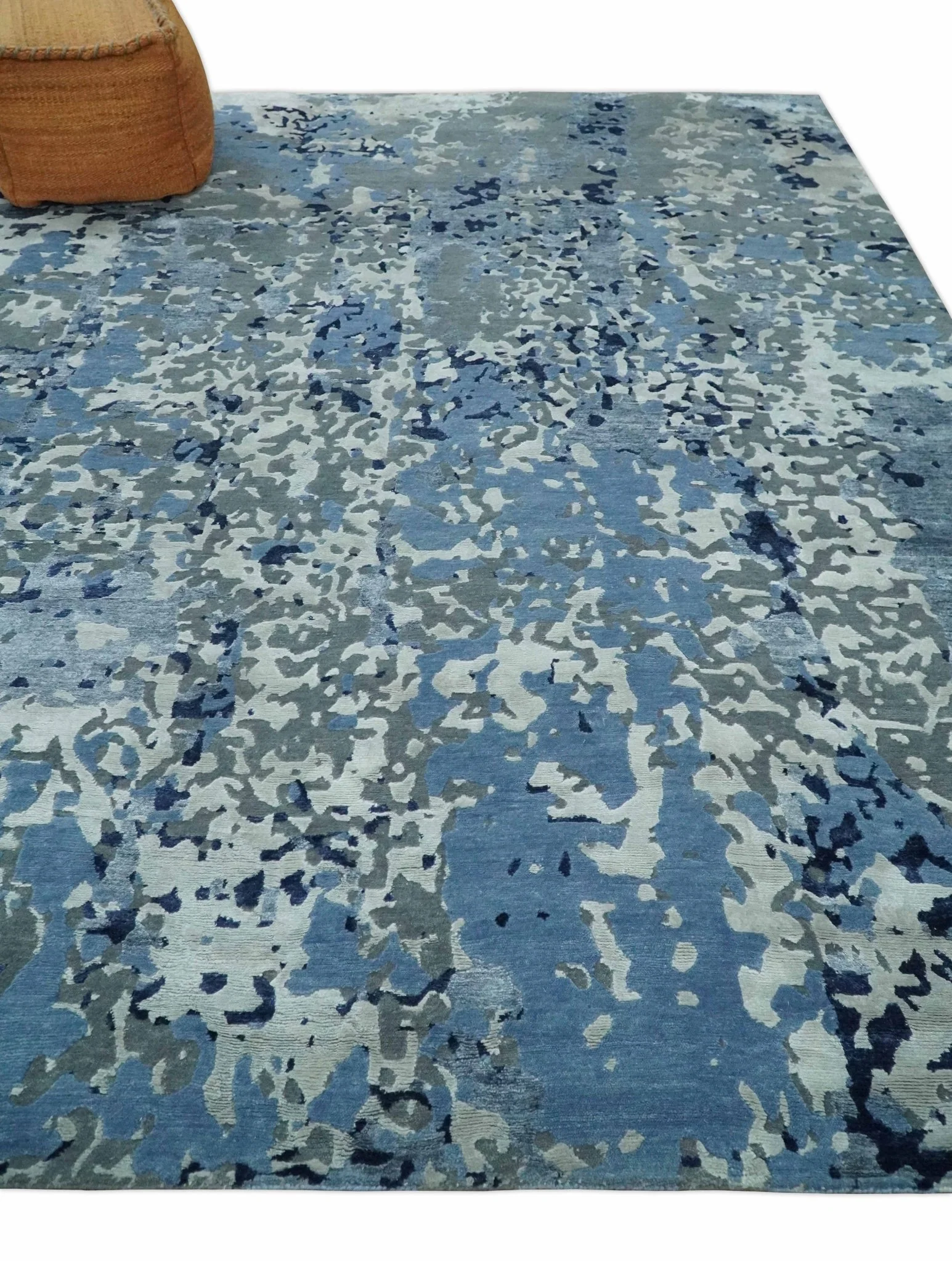 8x10 Ivory, Silver, Blue and Blue Modern Abstract Hand Knotted Wool and Bamboo Silk Area Rug - Image 3