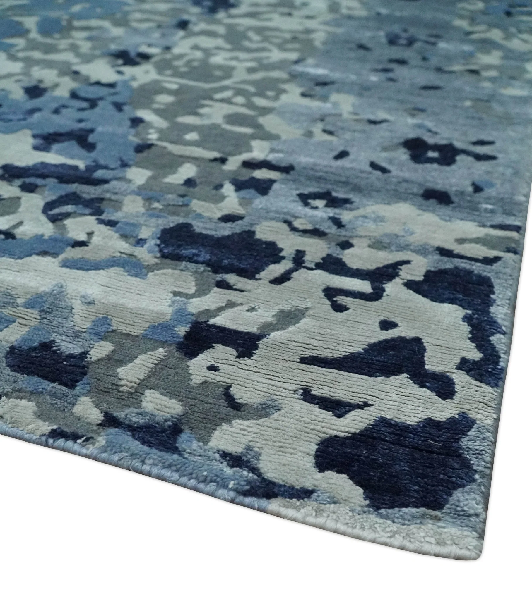 8x10 Ivory, Silver, Blue and Blue Modern Abstract Hand Knotted Wool and Bamboo Silk Area Rug - Image 5