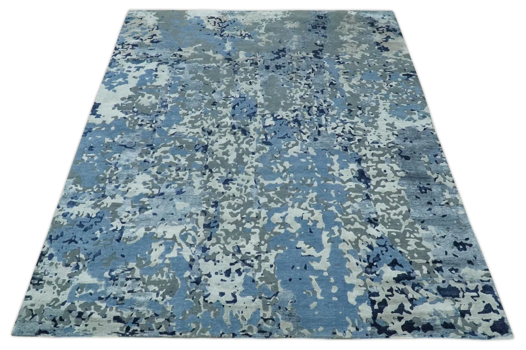 8x10 Ivory, Silver, Blue and Blue Modern Abstract Hand Knotted Wool and Bamboo Silk Area Rug - Image 9