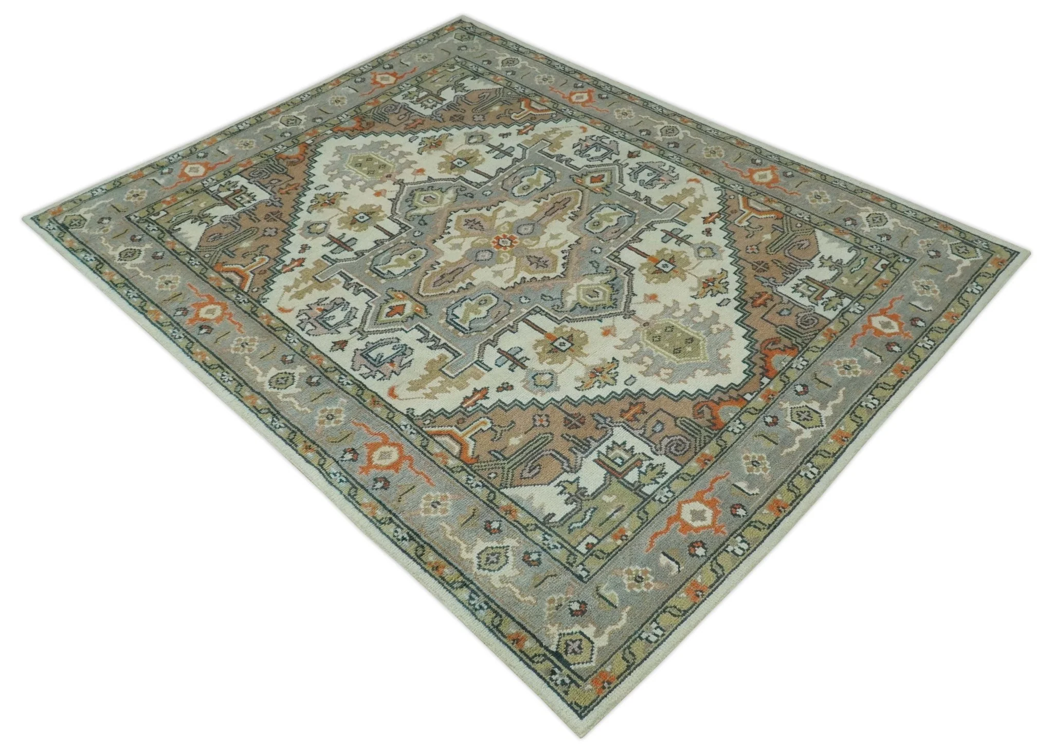 Ivory, Silver, Peach and Olive Traditional Heriz Hand Knotted Multi Size wool Area Rug - Image 10