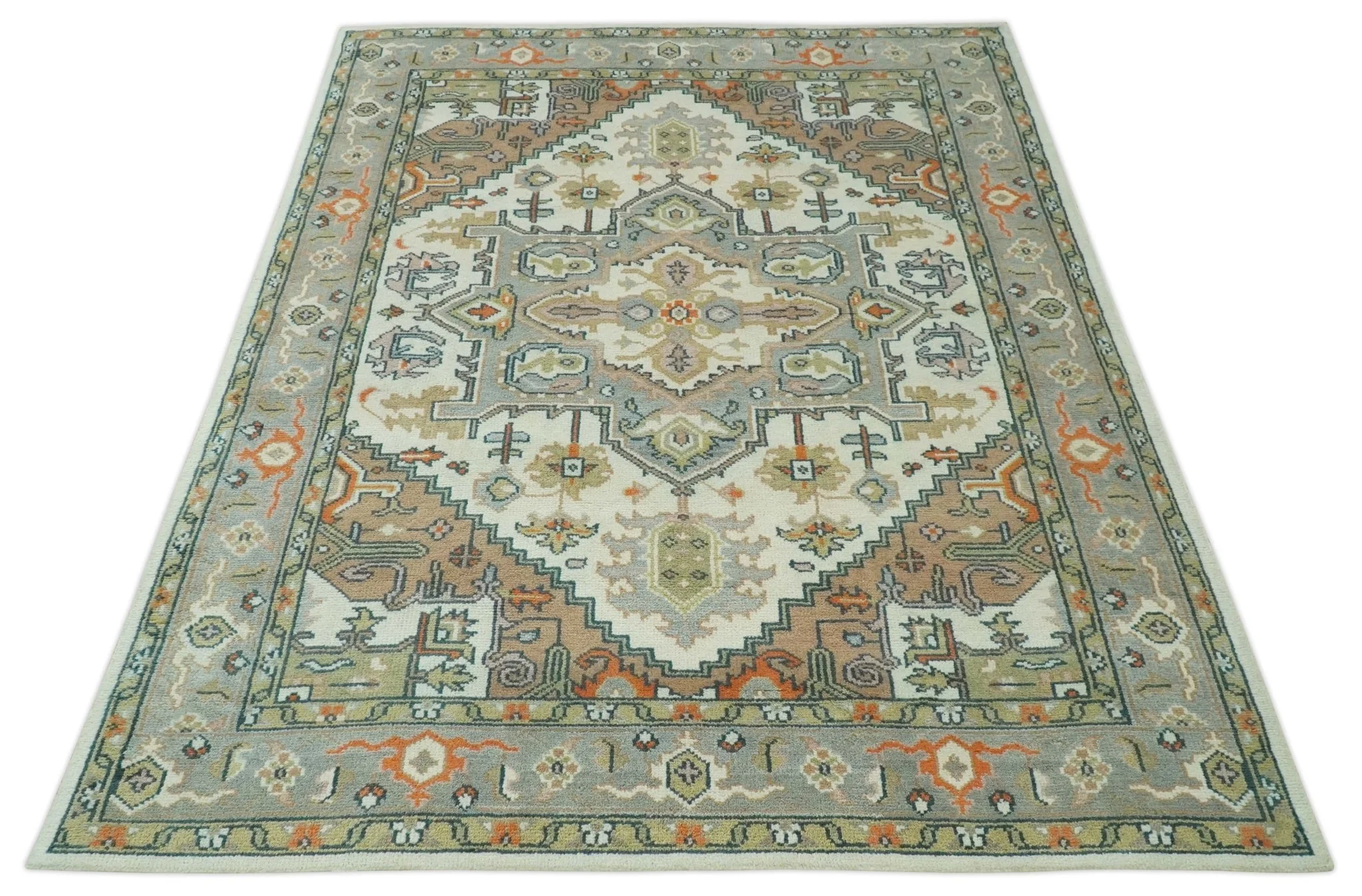 Ivory, Silver, Peach and Olive Traditional Heriz Hand Knotted Multi Size wool Area Rug - Image 11
