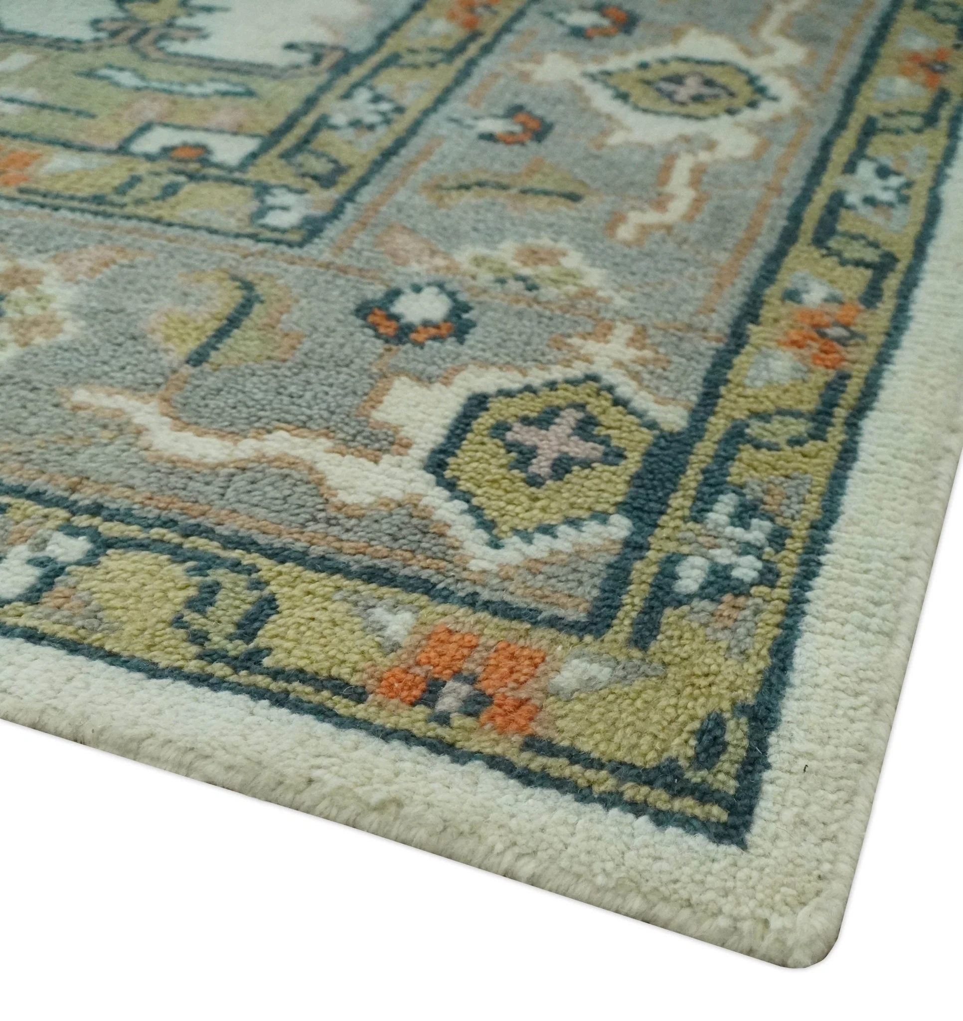 Ivory, Silver, Peach and Olive Traditional Heriz Hand Knotted Multi Size wool Area Rug - Image 6