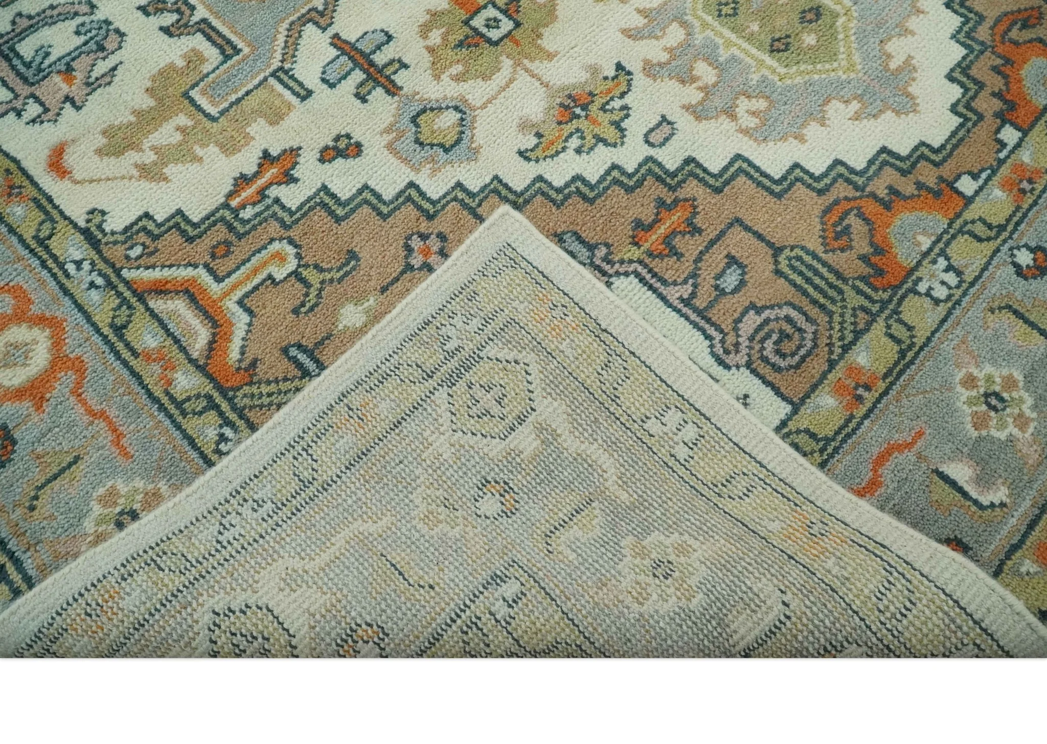 Ivory, Silver, Peach and Olive Traditional Heriz Hand Knotted Multi Size wool Area Rug - Image 8