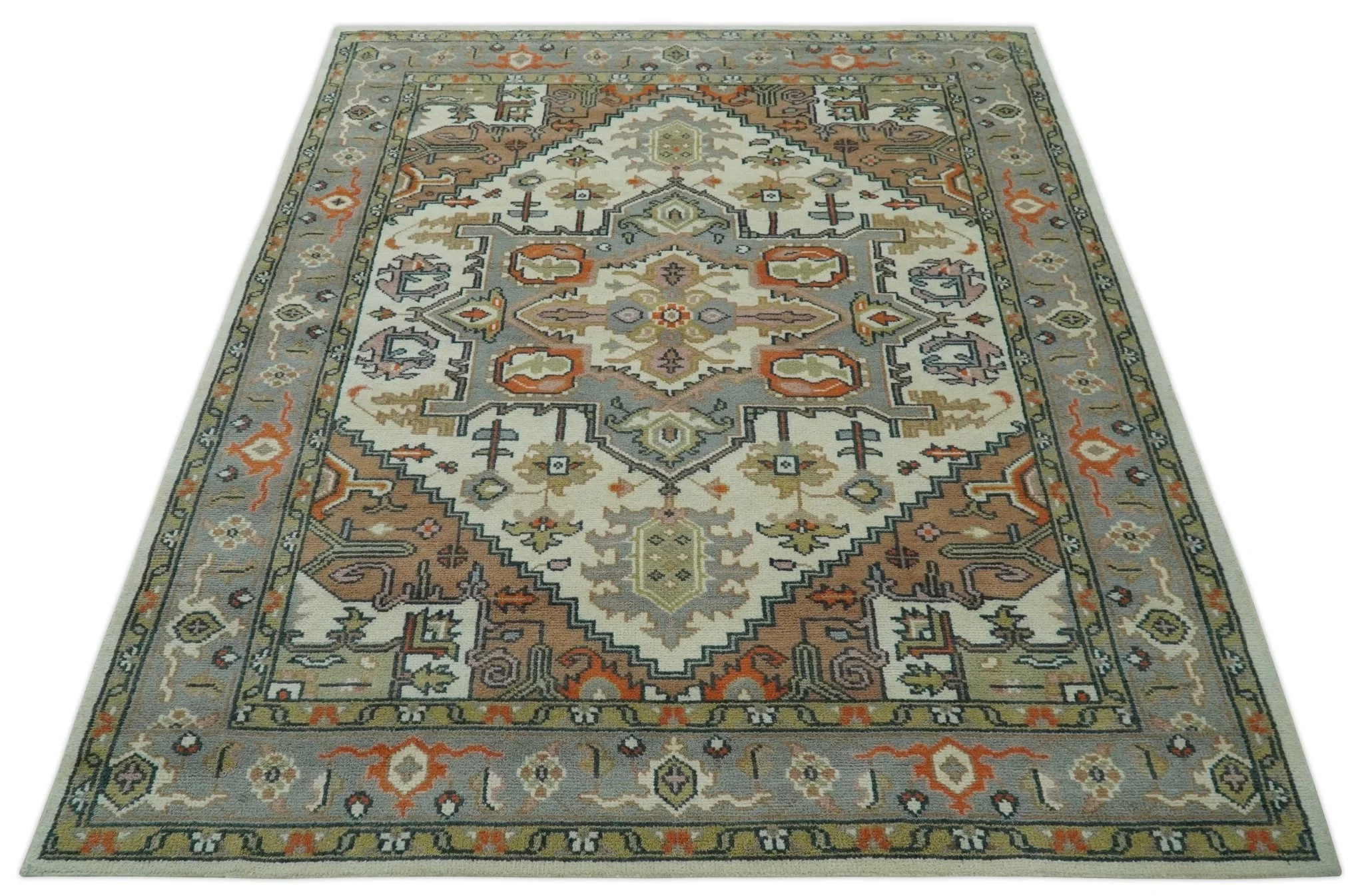 Custom Made Ivory, Silver, Peach and Olive Hand Knotted Traditional Heriz wool Area Rug - Image 10