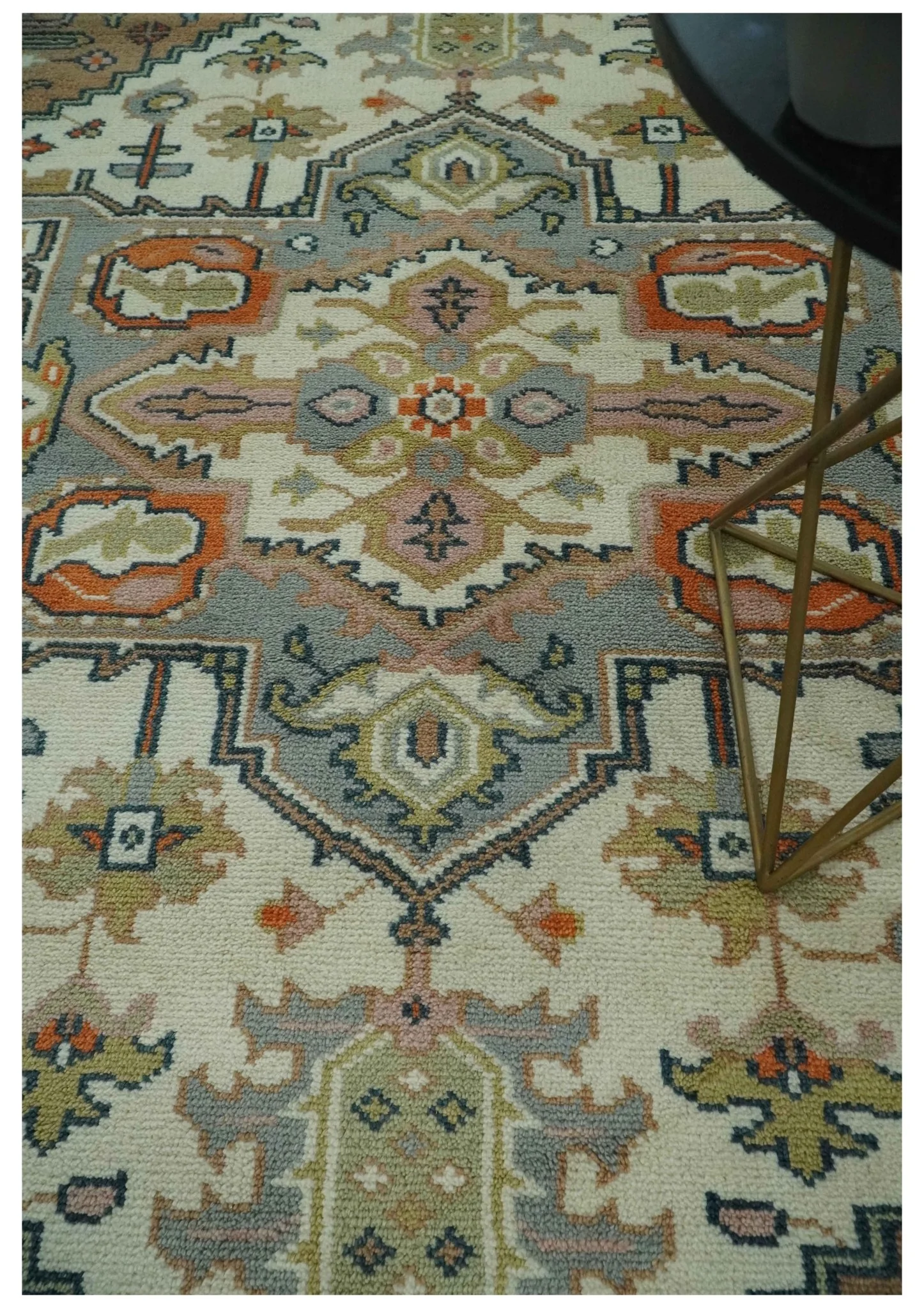 Custom Made Ivory, Silver, Peach and Olive Hand Knotted Traditional Heriz wool Area Rug - Image 2