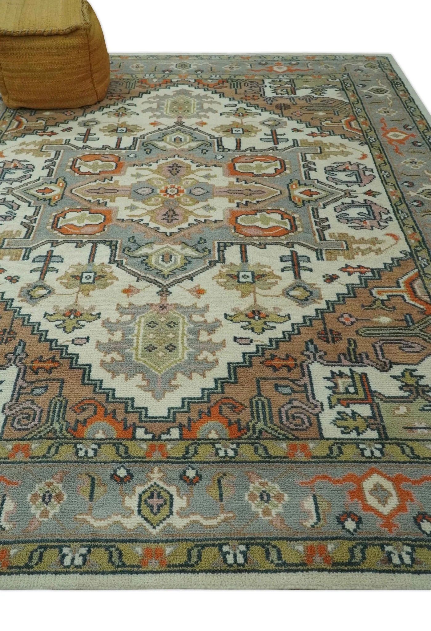 Custom Made Ivory, Silver, Peach and Olive Hand Knotted Traditional Heriz wool Area Rug - Image 3
