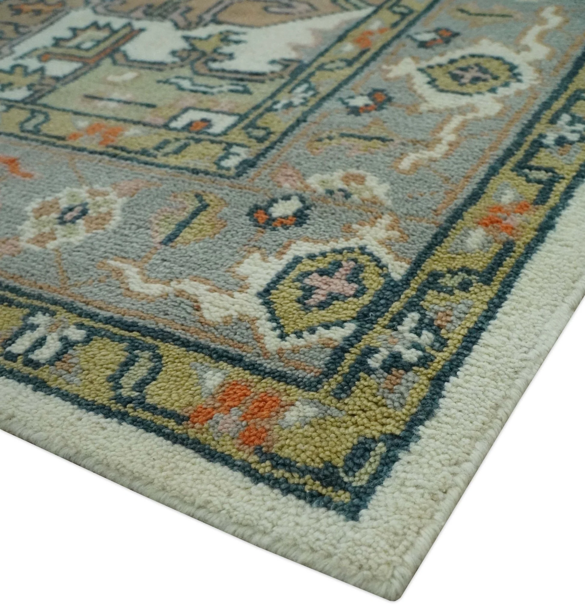 Custom Made Ivory, Silver, Peach and Olive Hand Knotted Traditional Heriz wool Area Rug - Image 5