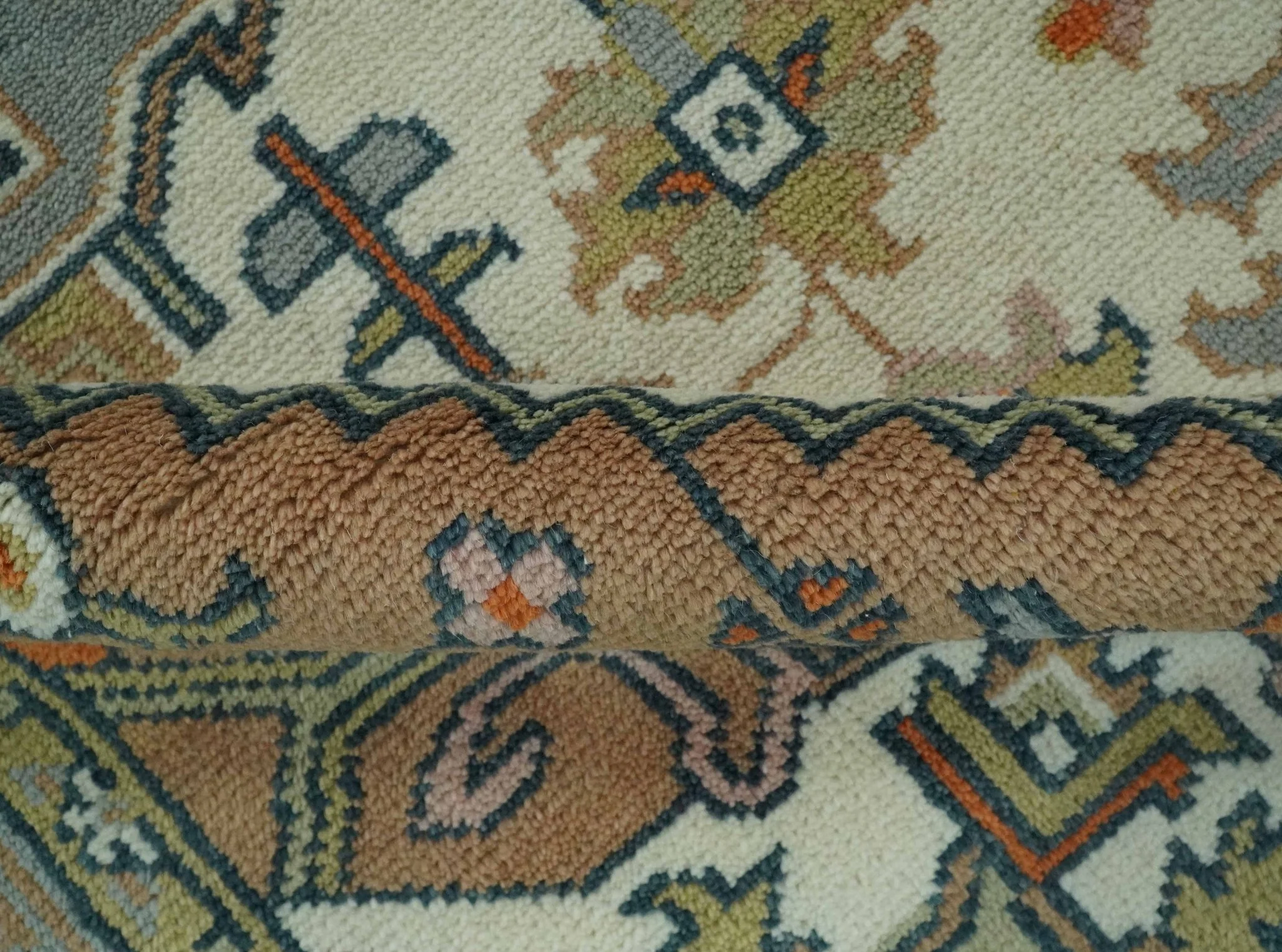 Custom Made Ivory, Silver, Peach and Olive Hand Knotted Traditional Heriz wool Area Rug - Image 6
