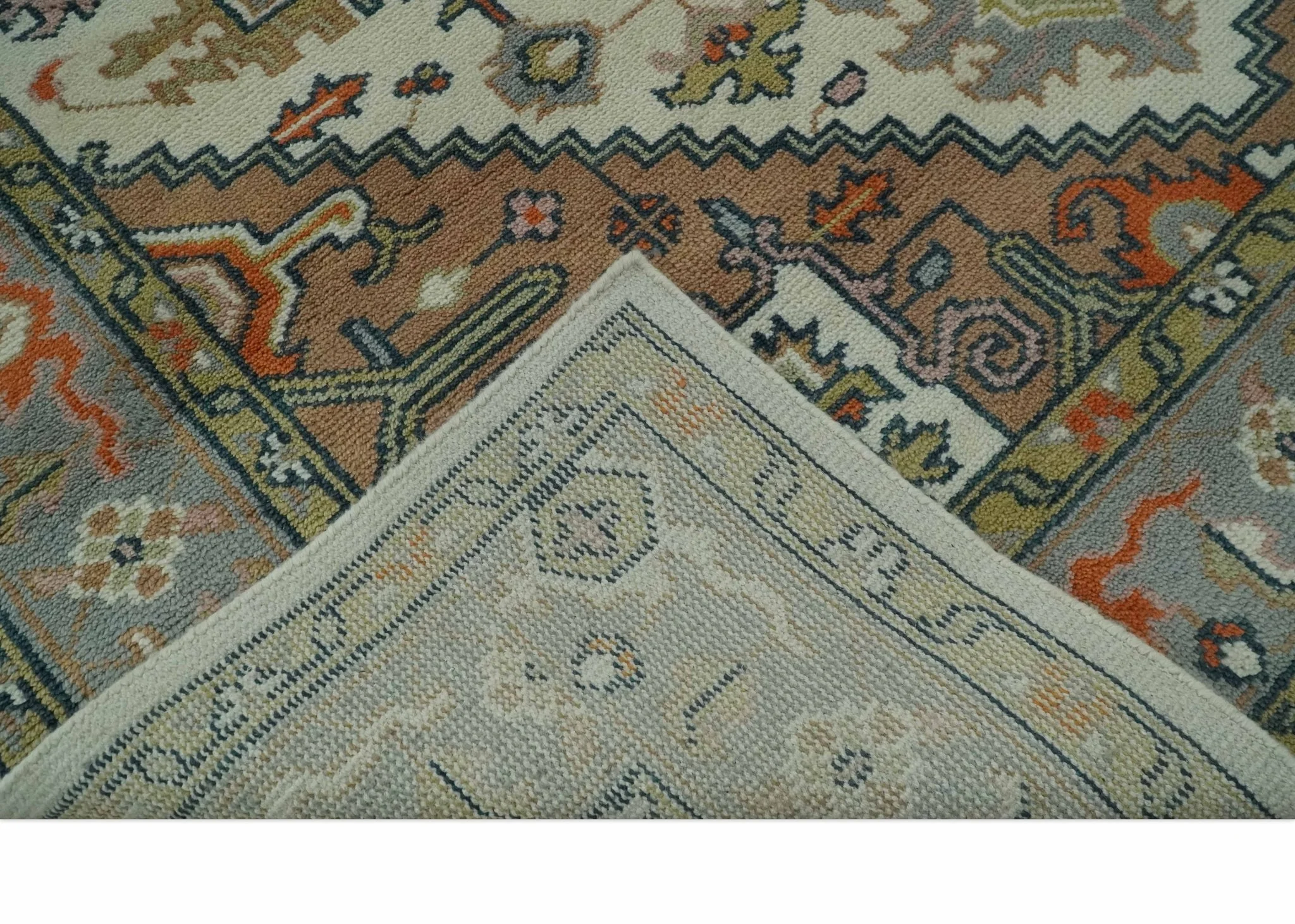 Custom Made Ivory, Silver, Peach and Olive Hand Knotted Traditional Heriz wool Area Rug - Image 7