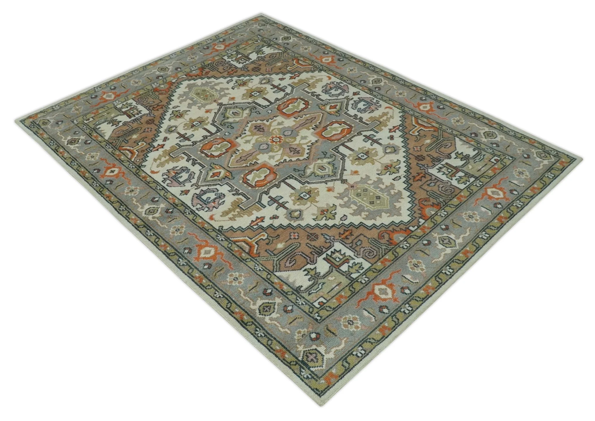 Custom Made Ivory, Silver, Peach and Olive Hand Knotted Traditional Heriz wool Area Rug - Image 9