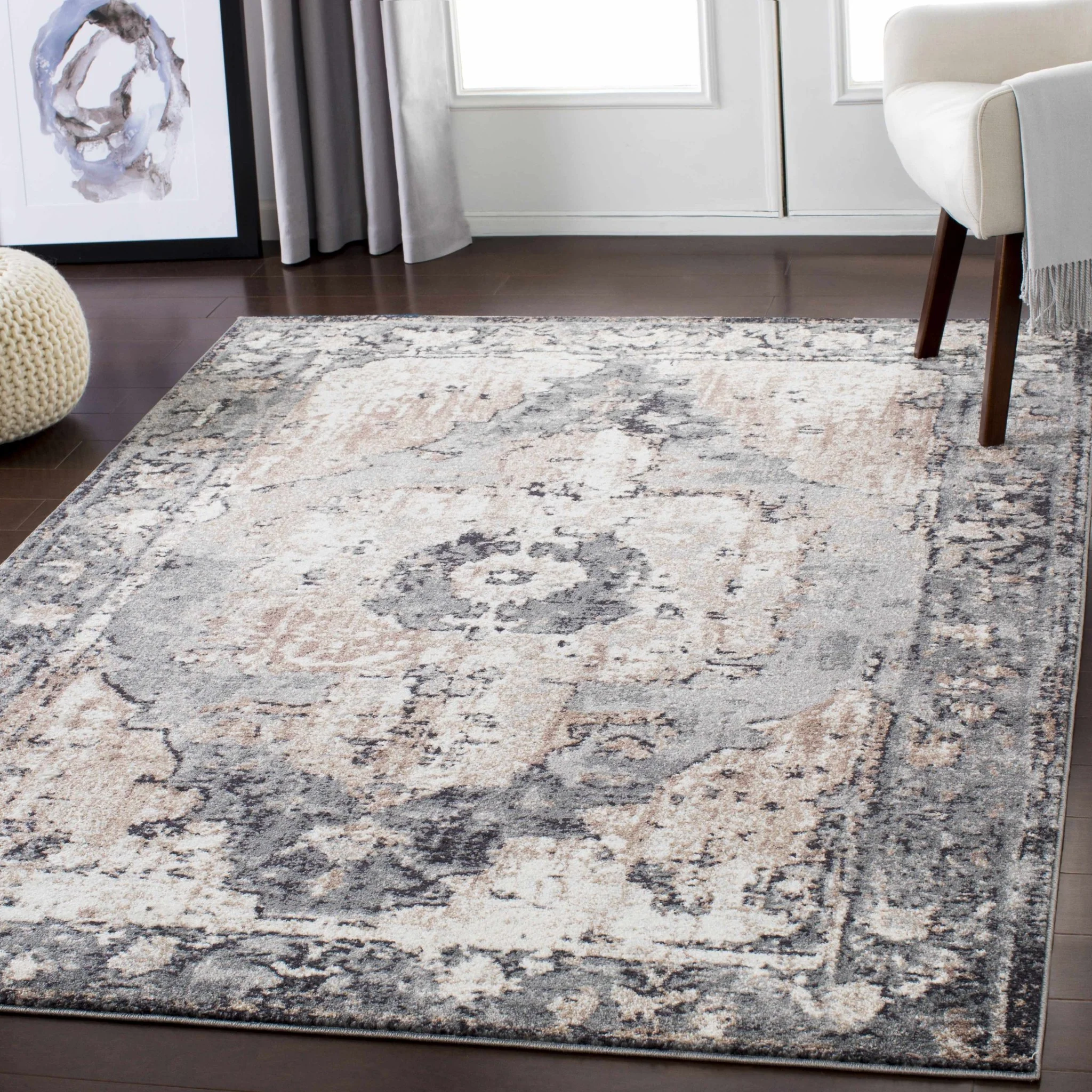 Antique Style Ivory, Tan, Charcoal and Gray Transitional Design Area Rug - Image 3