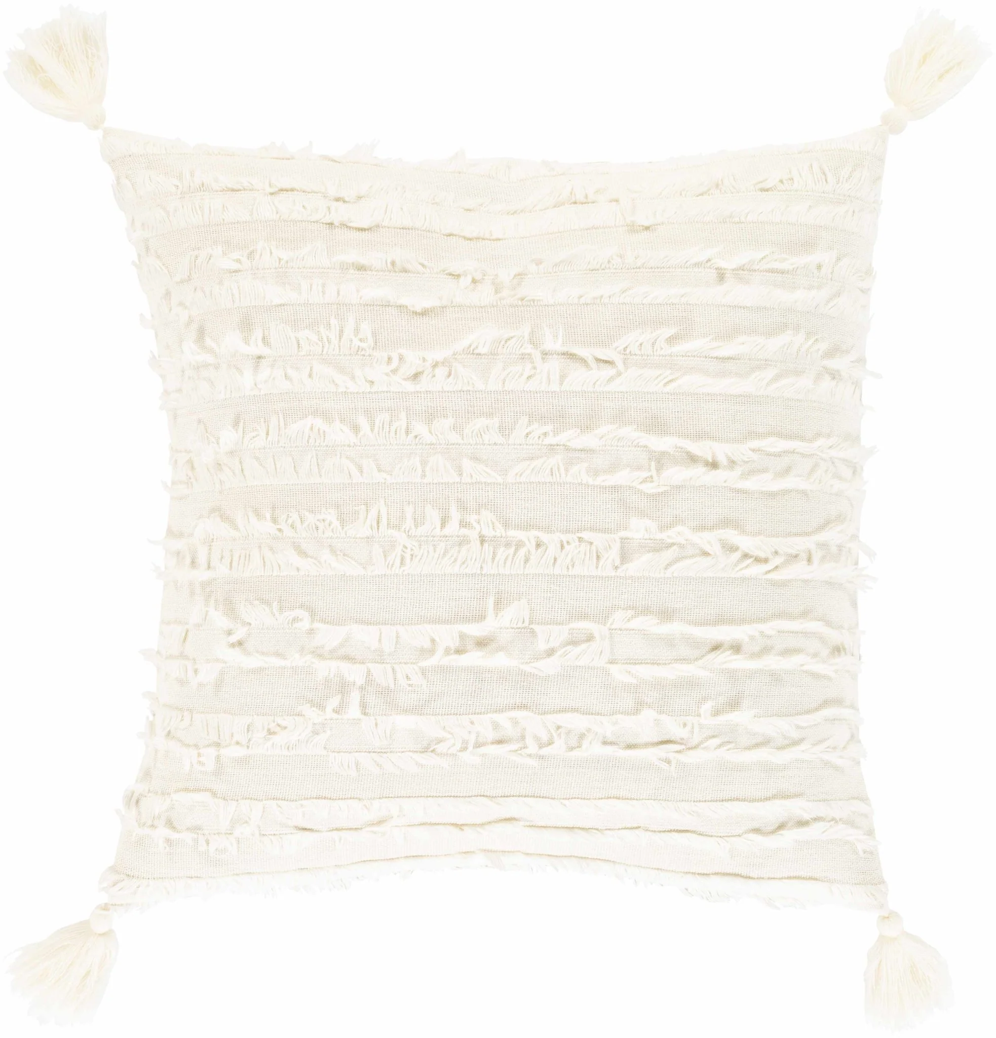 Hand Woven Ivory Tassel Fringed Textured Square Throw Pillow - Image 2