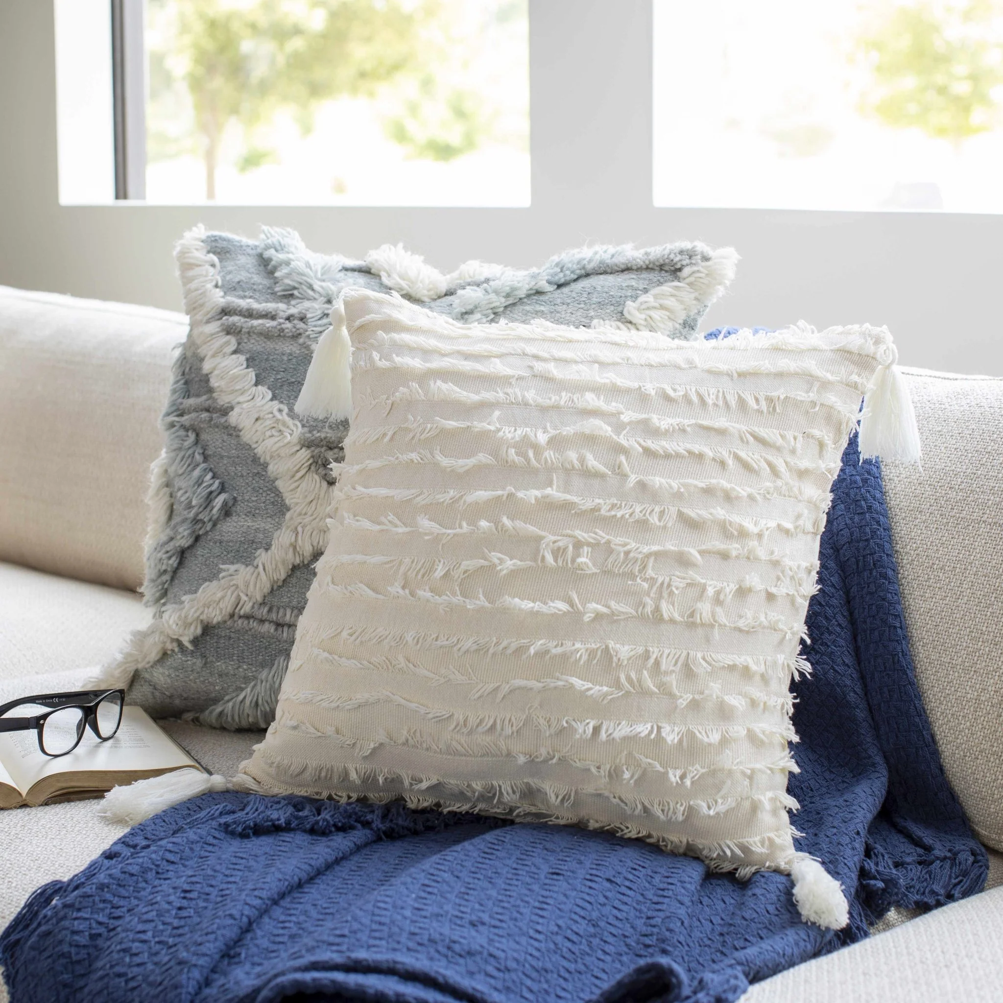 Hand Woven Ivory Tassel Fringed Textured Square Throw Pillow - Image 3