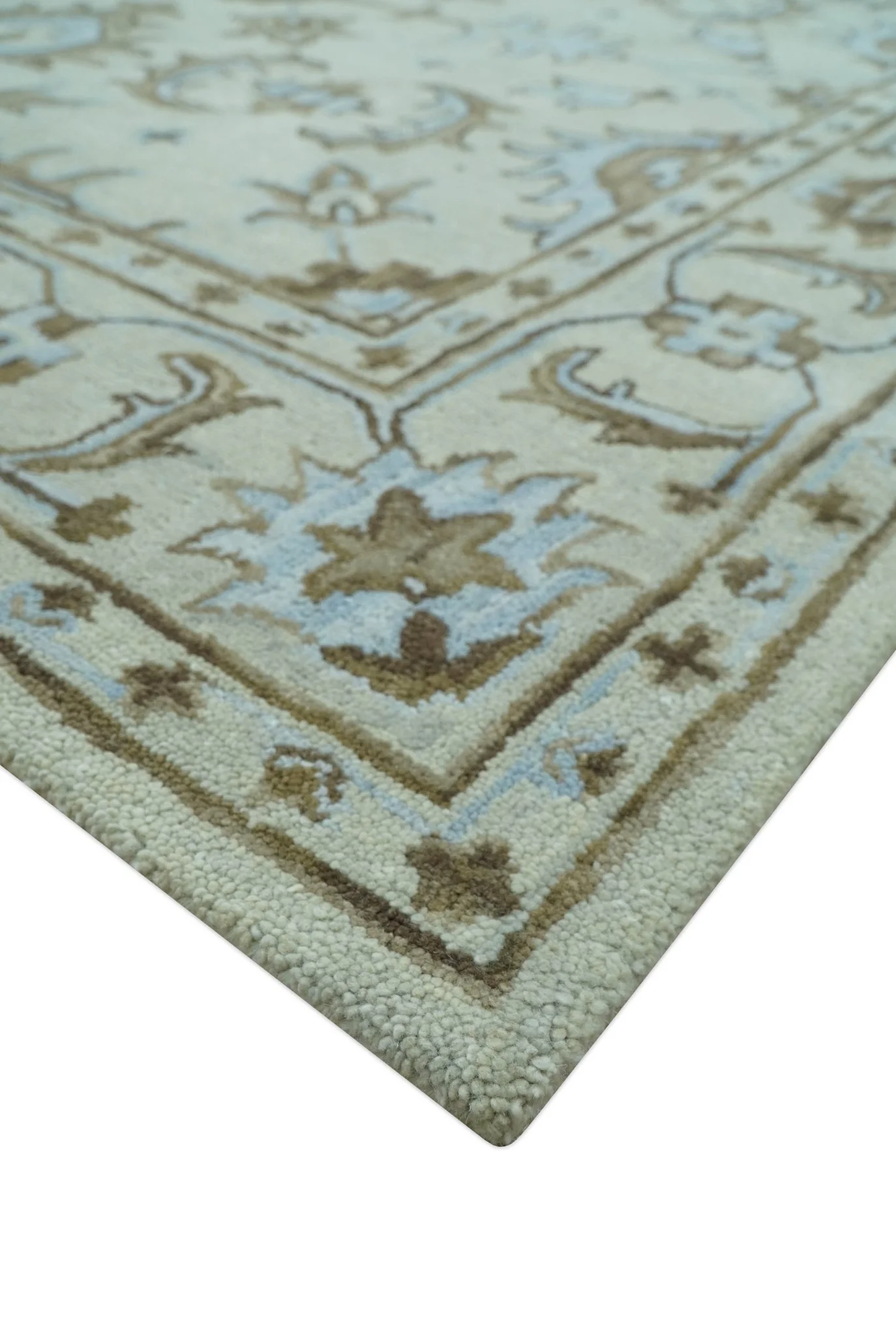 Custom Made Ivory, Taupe and Aqua Traditional Hand Tufted wool area rug - Image 5