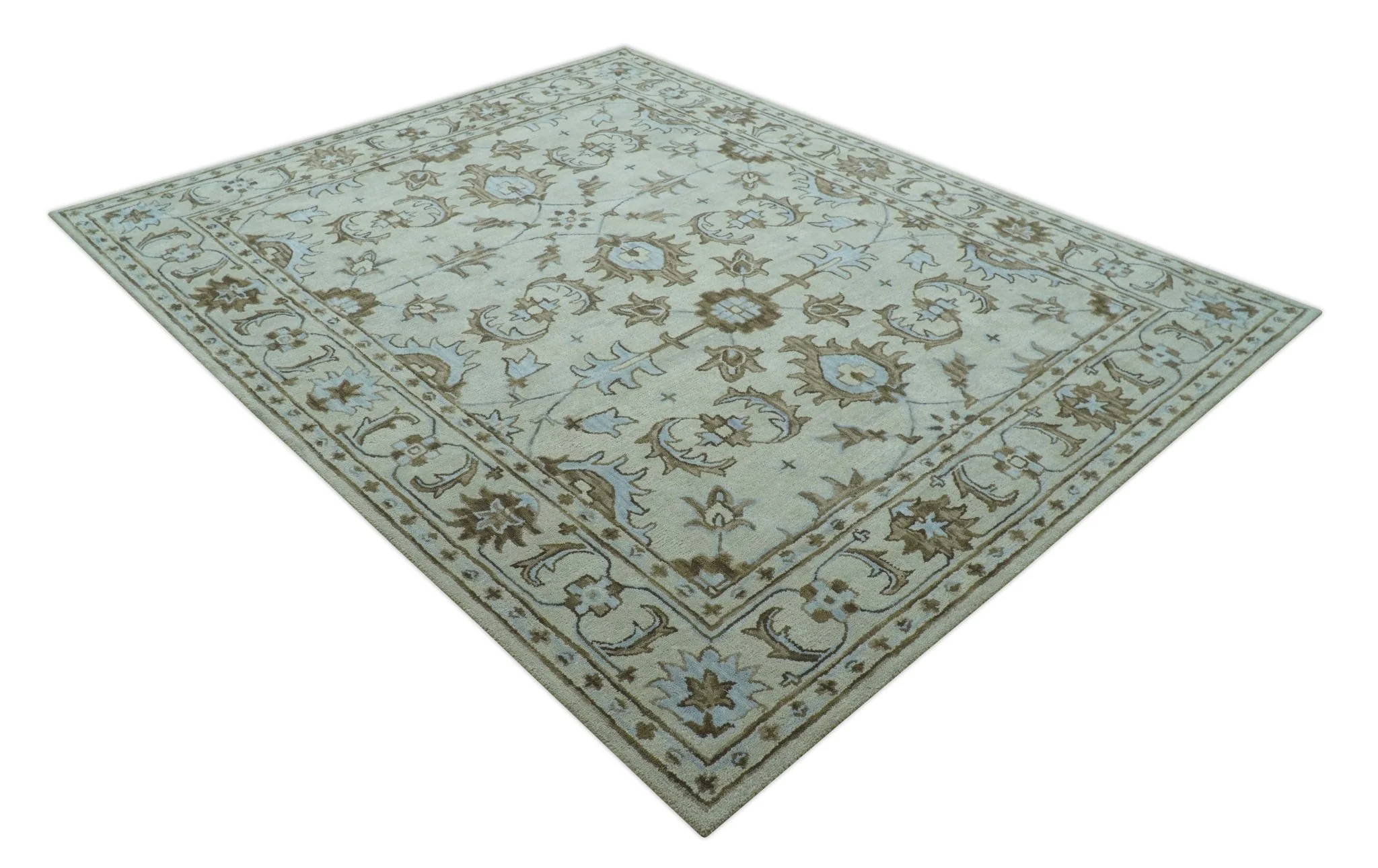Custom Made Ivory, Taupe and Aqua Traditional Hand Tufted wool area rug - Image 9