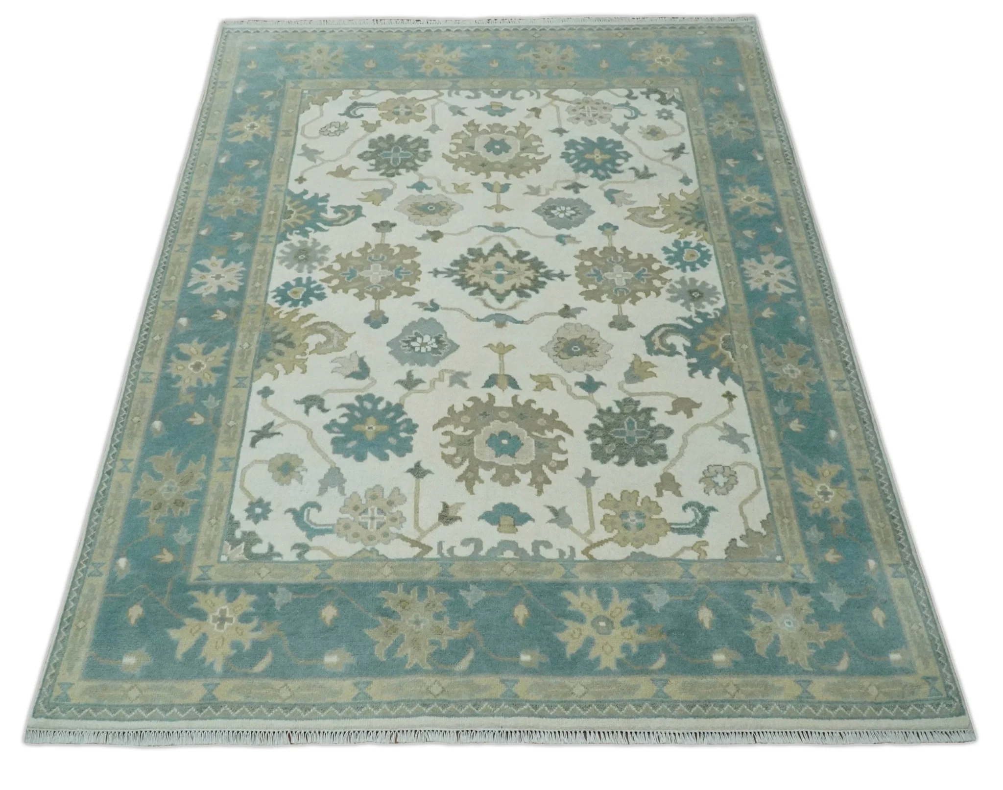 Custom Made Ivory, Teal and Beige Floral Hand Knotted Traditional Oushak Wool Area Rug - Image 10