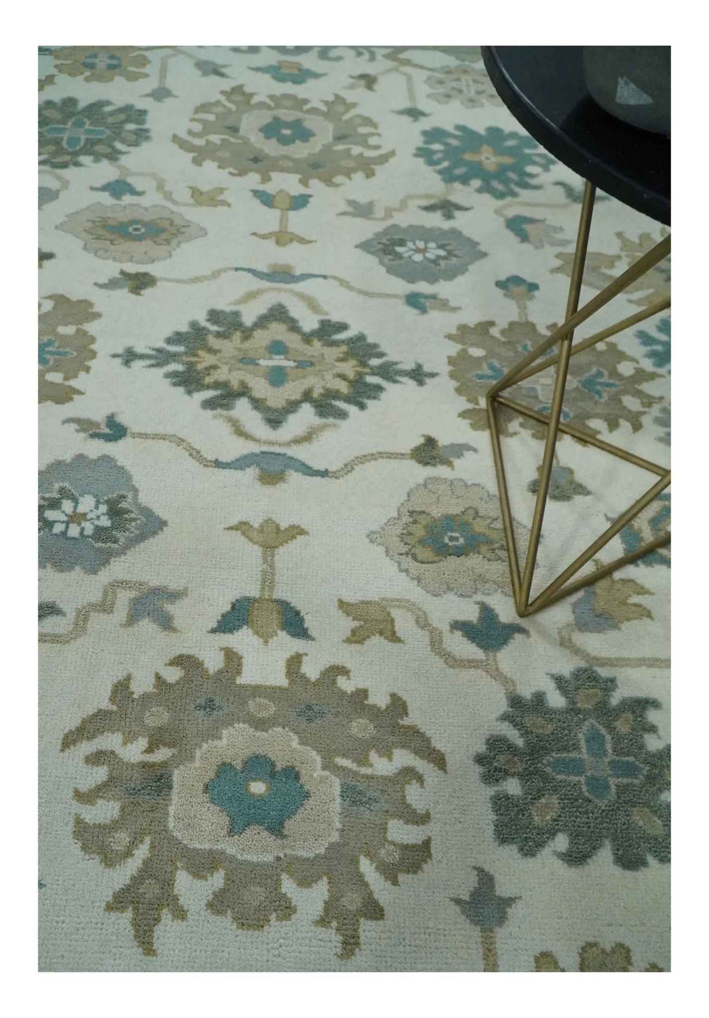 Custom Made Ivory, Teal and Beige Floral Hand Knotted Traditional Oushak Wool Area Rug - Image 2