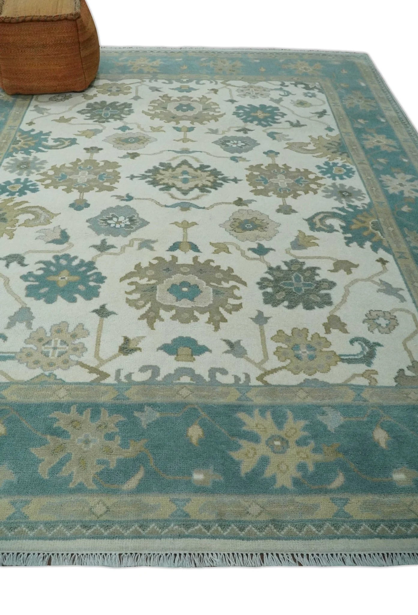 Custom Made Ivory, Teal and Beige Floral Hand Knotted Traditional Oushak Wool Area Rug - Image 3