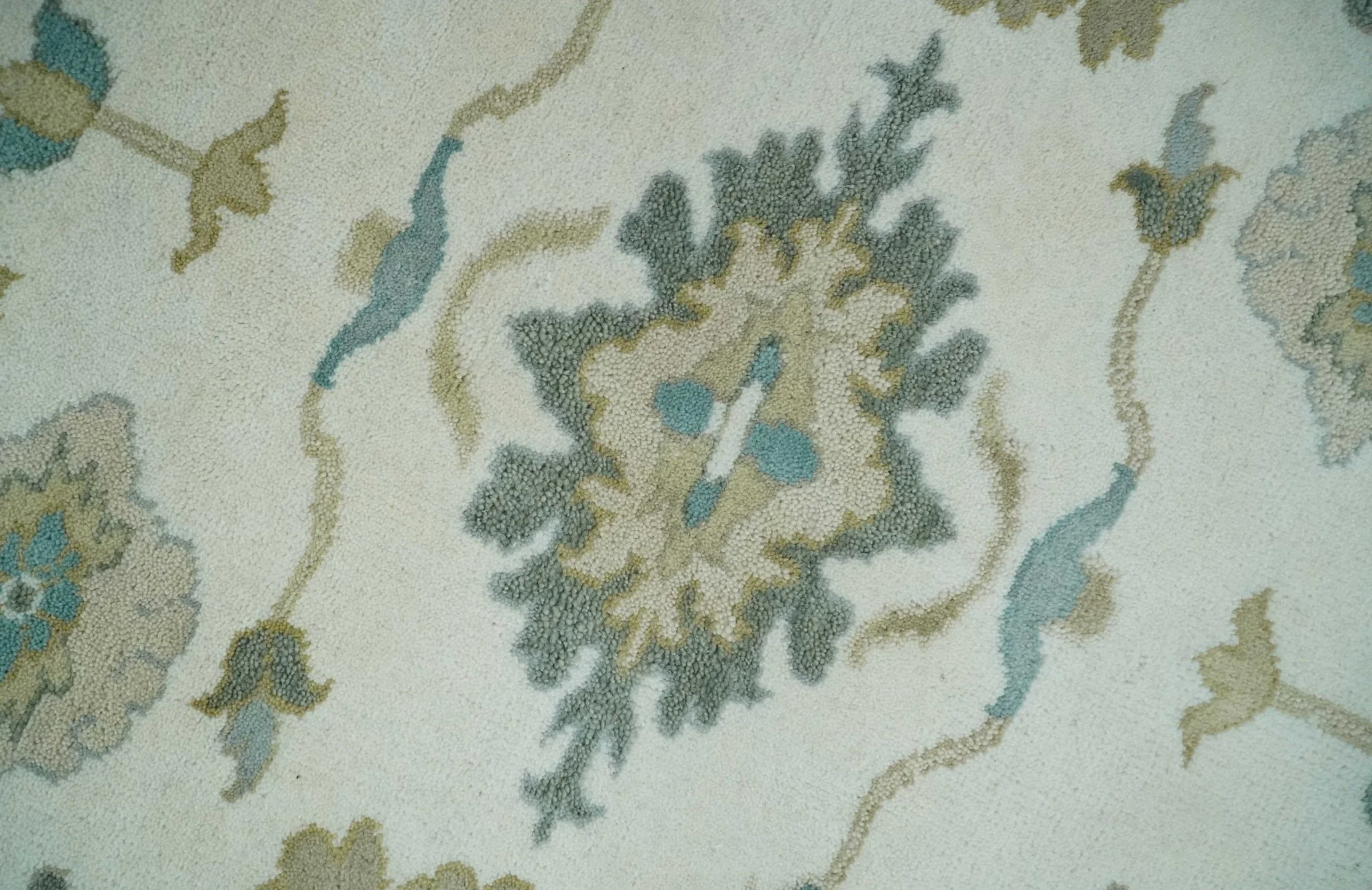 Custom Made Ivory, Teal and Beige Floral Hand Knotted Traditional Oushak Wool Area Rug - Image 4