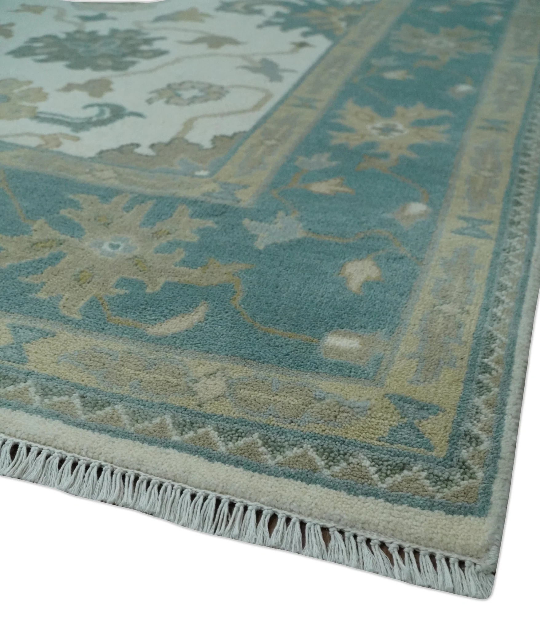 Custom Made Ivory, Teal and Beige Floral Hand Knotted Traditional Oushak Wool Area Rug - Image 5