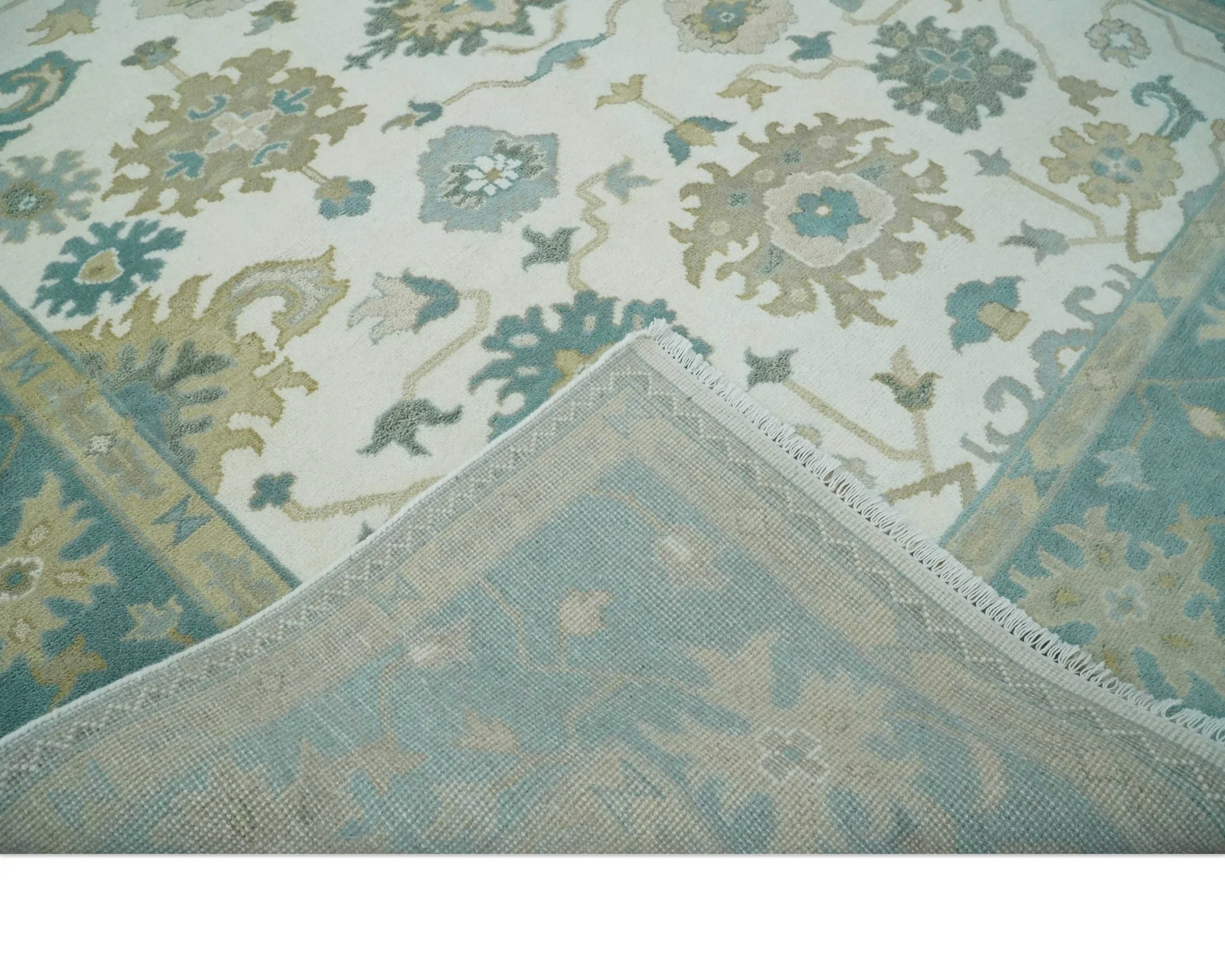 Custom Made Ivory, Teal and Beige Floral Hand Knotted Traditional Oushak Wool Area Rug - Image 6