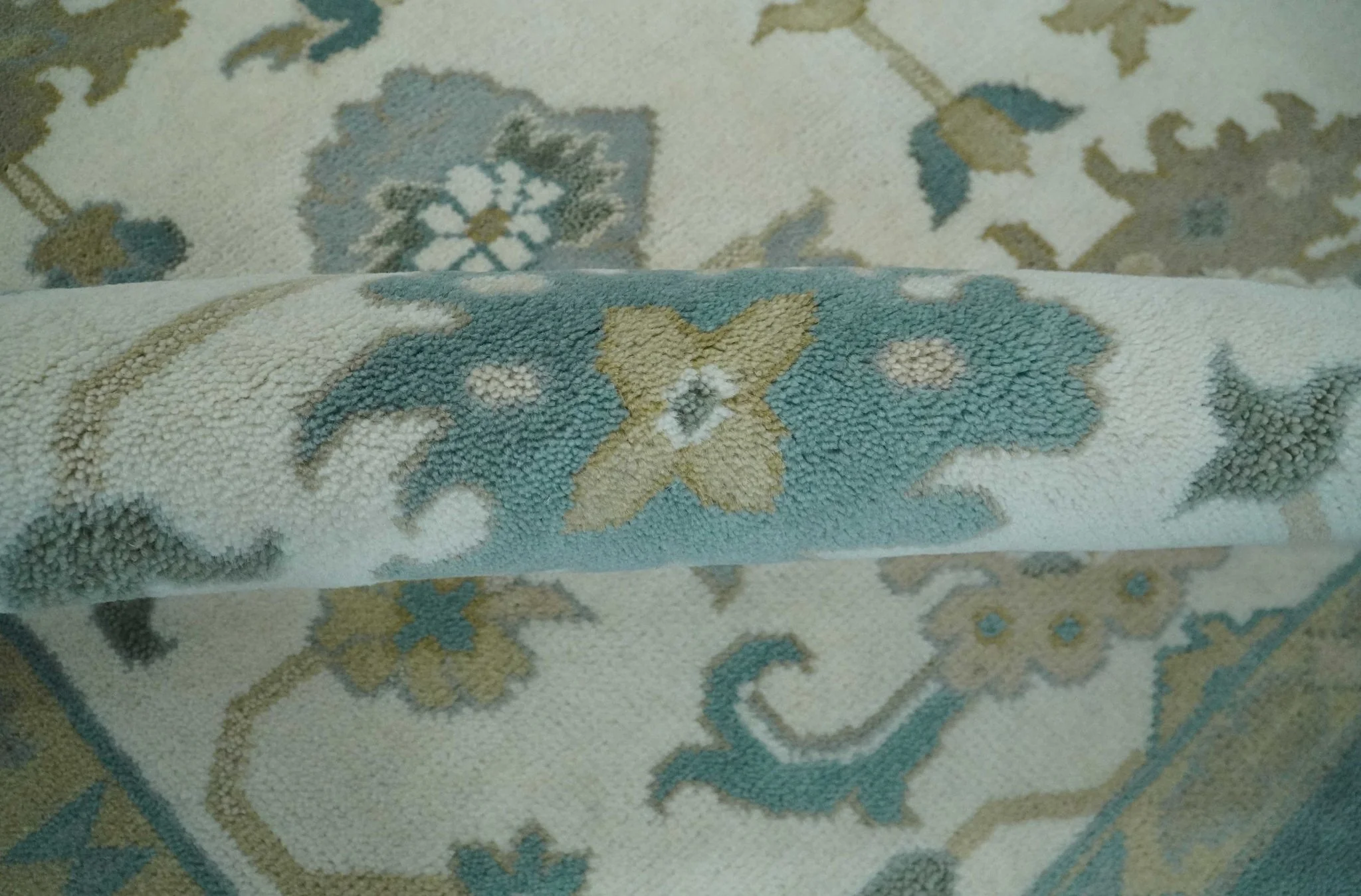 Custom Made Ivory, Teal and Beige Floral Hand Knotted Traditional Oushak Wool Area Rug - Image 7