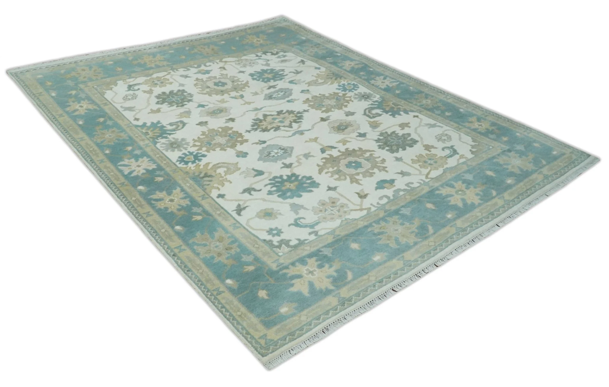 Custom Made Ivory, Teal and Beige Floral Hand Knotted Traditional Oushak Wool Area Rug - Image 9