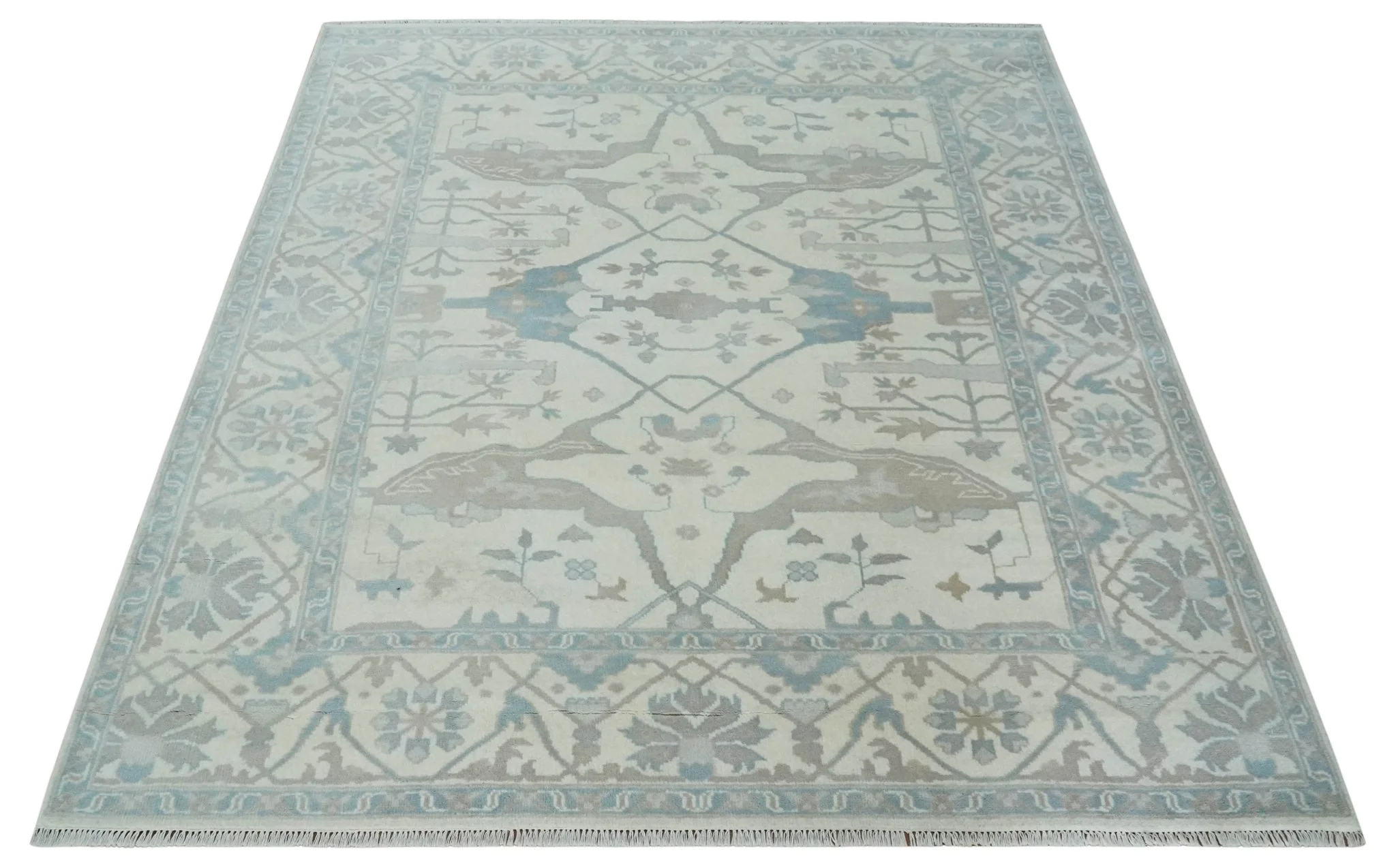 Ivory, Teal and Brown 8x10 Hand knotted Traditional oriental oushak wool area rug - Image 10