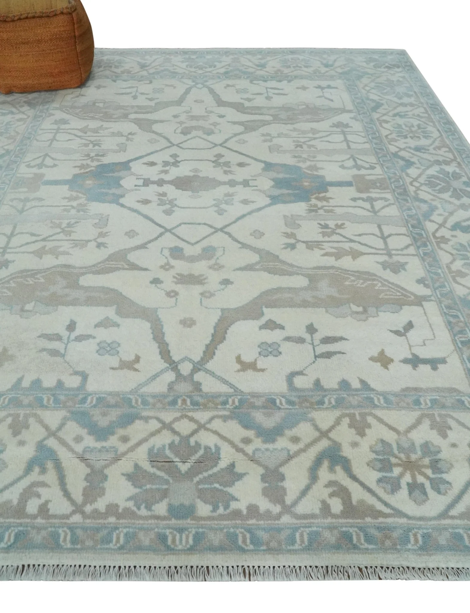 Ivory, Teal and Brown 8x10 Hand knotted Traditional oriental oushak wool area rug - Image 3