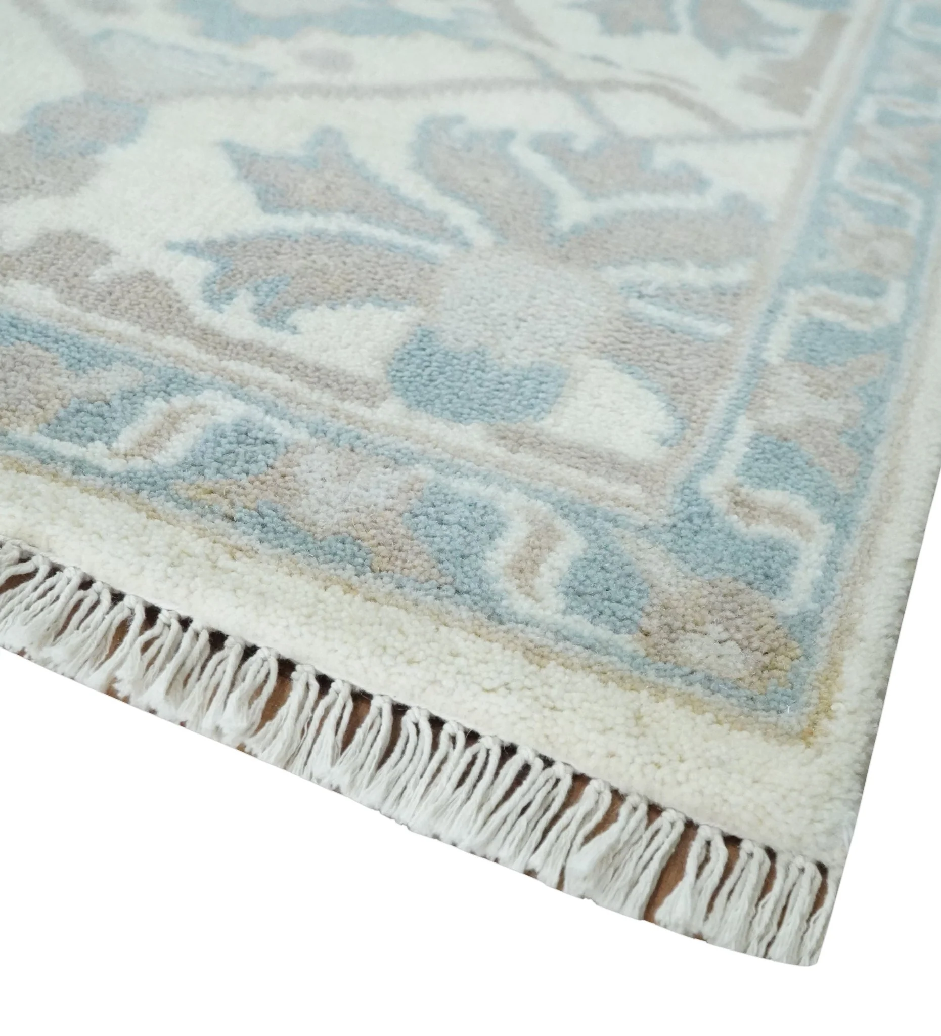 Ivory, Teal and Brown 8x10 Hand knotted Traditional oriental oushak wool area rug - Image 5