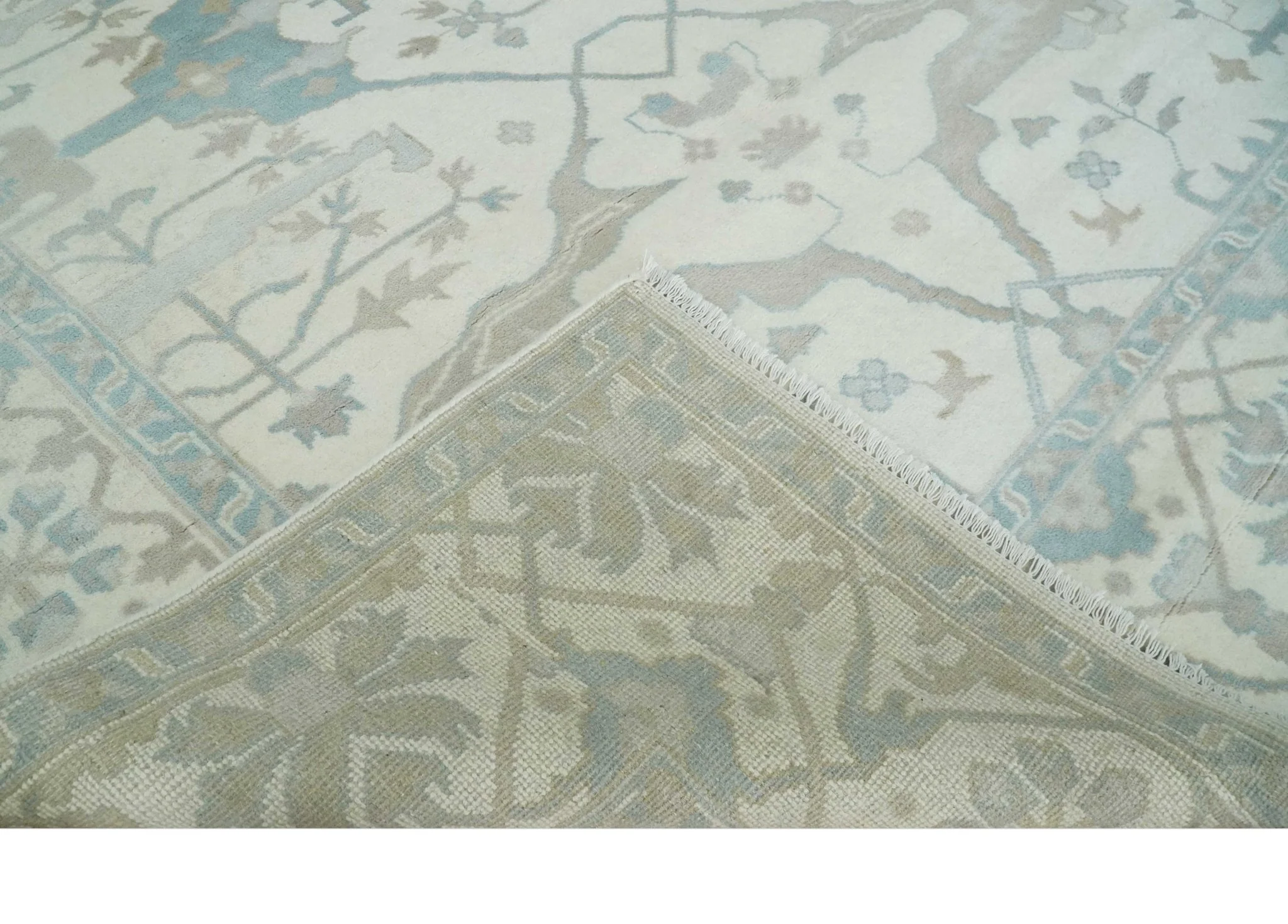 Ivory, Teal and Brown 8x10 Hand knotted Traditional oriental oushak wool area rug - Image 6