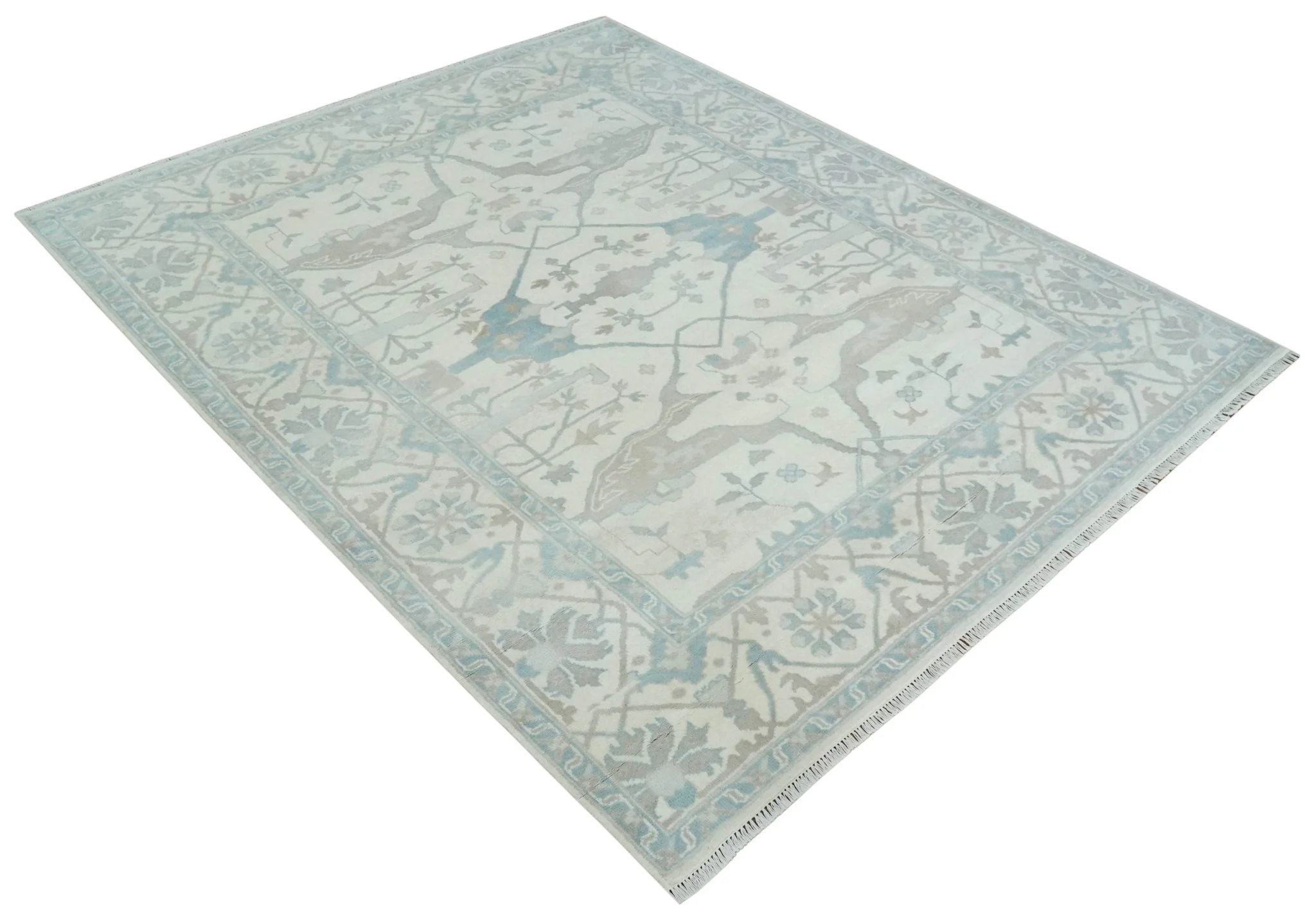 Ivory, Teal and Brown 8x10 Hand knotted Traditional oriental oushak wool area rug - Image 9