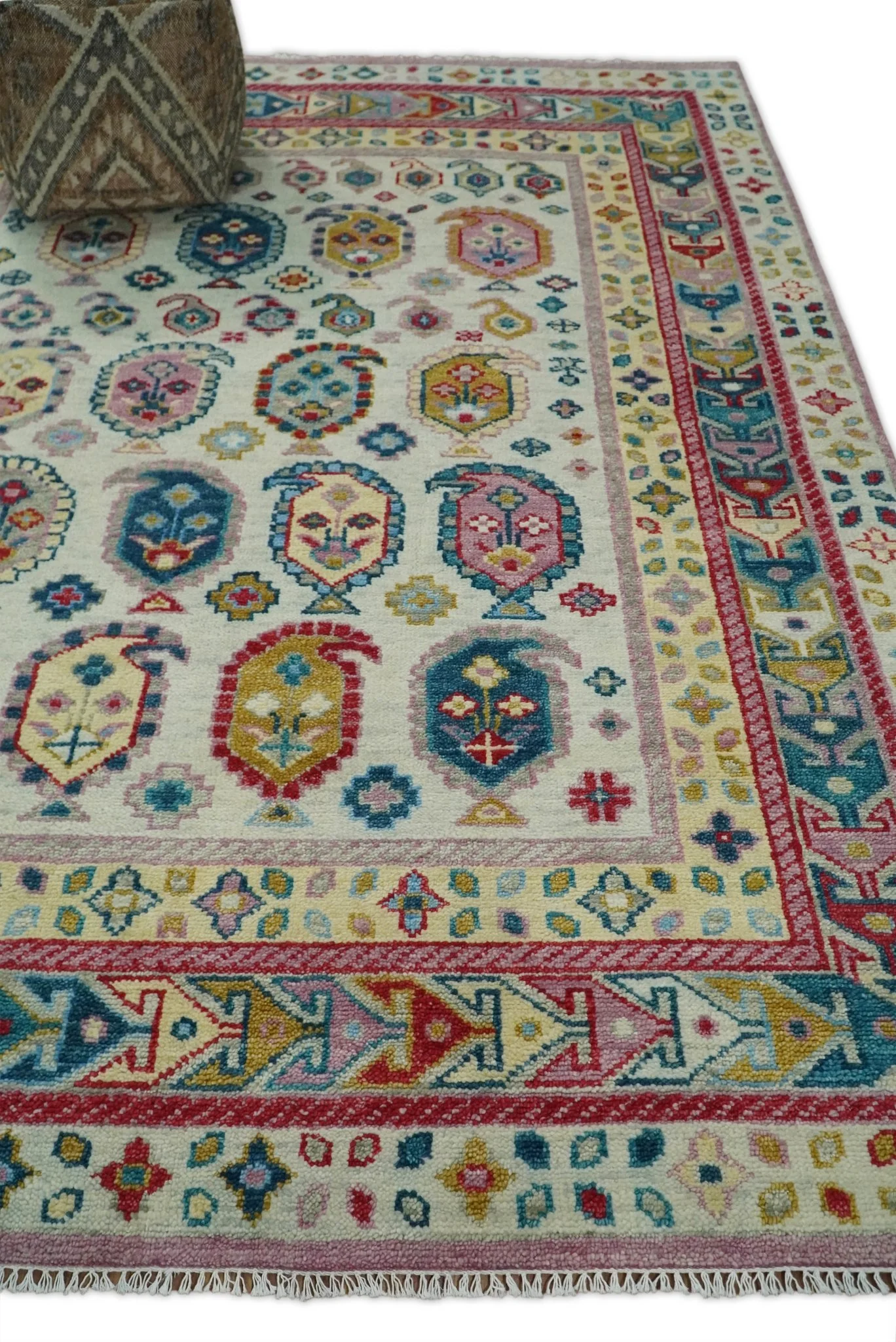 Eclectic Vibrant Colorful Ivory, Teal, Gold and Maroon Traditional boteh design Hand knotted Multi Size wool Area Rug - Image 3