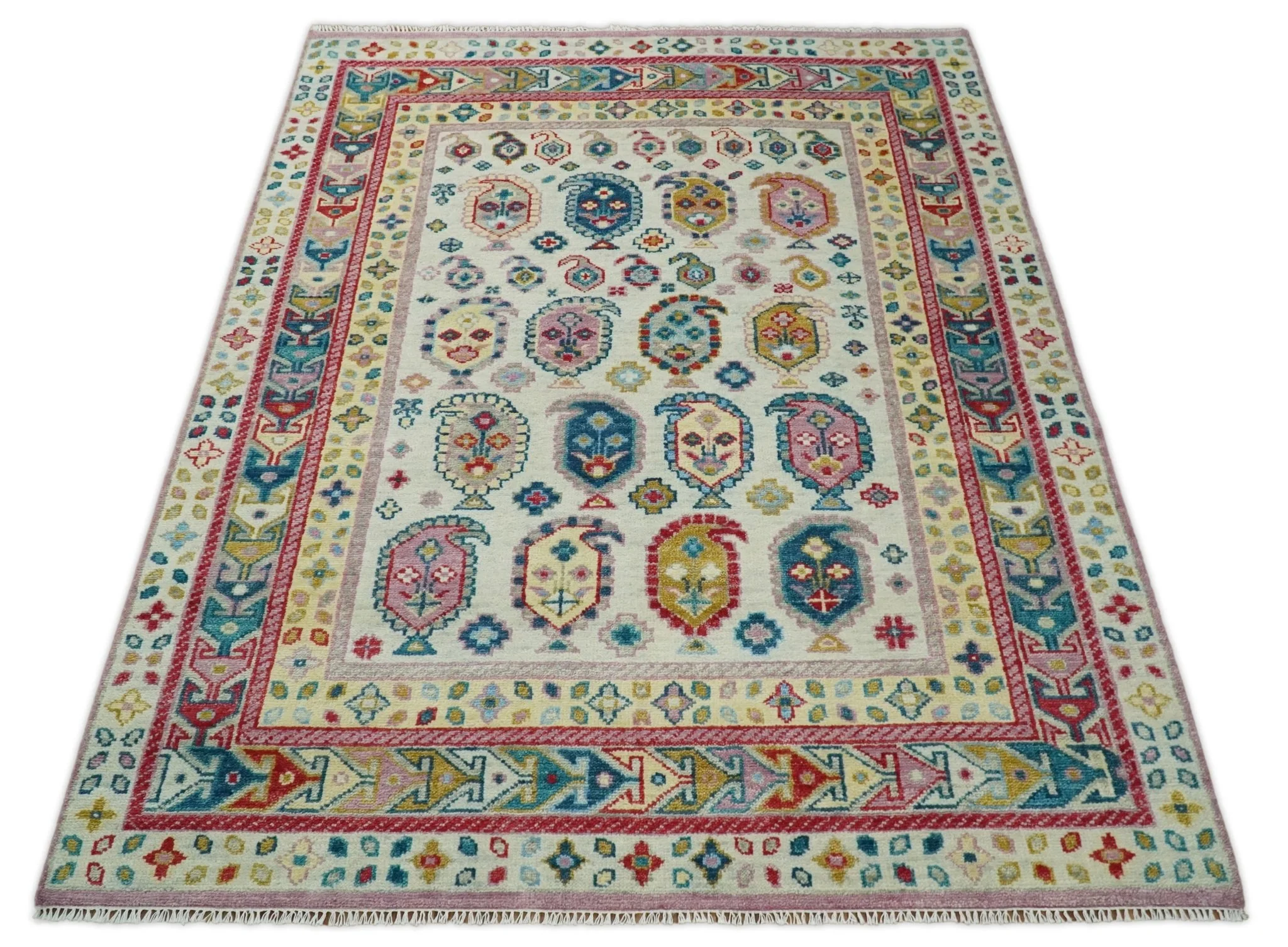 Eclectic Vibrant Colorful Ivory, Teal, Gold and Maroon Traditional boteh design Hand knotted Multi Size wool Area Rug - Image 5