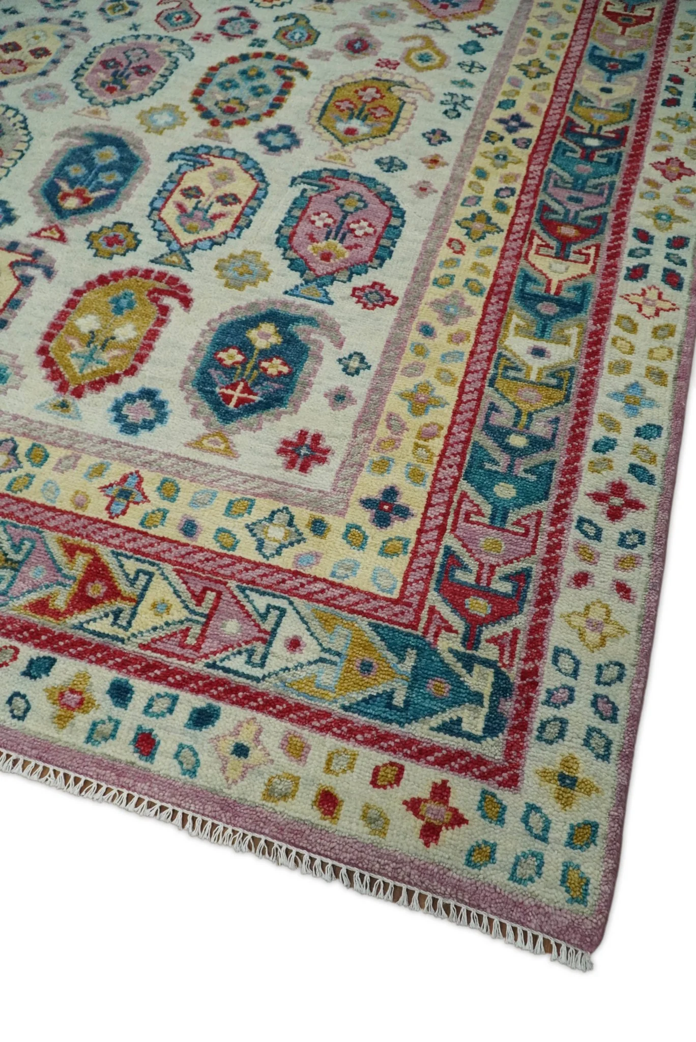 Eclectic Vibrant Colorful Ivory, Teal, Gold and Maroon Traditional boteh design Hand knotted Multi Size wool Area Rug - Image 6