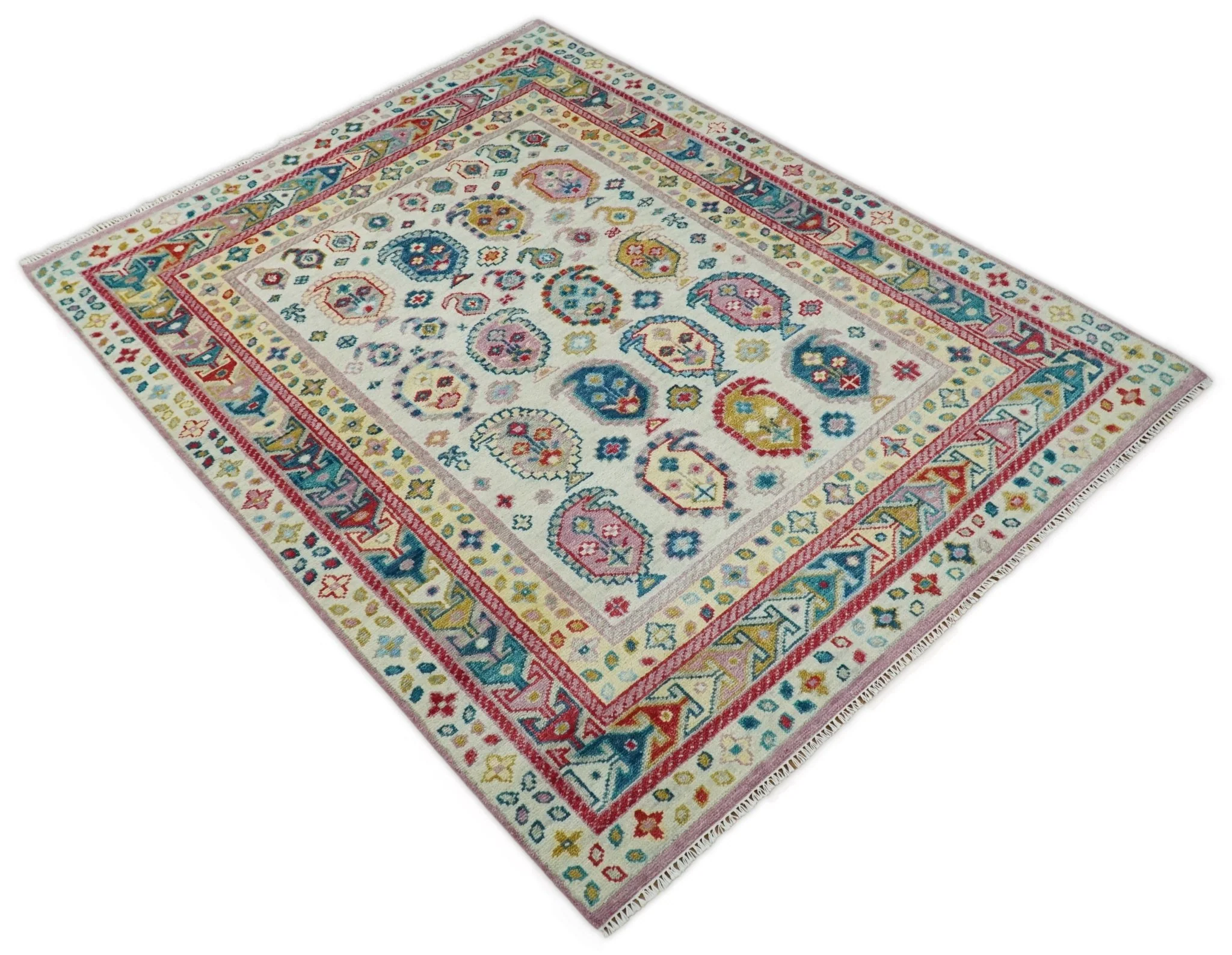 Eclectic Vibrant Colorful Ivory, Teal, Gold and Maroon Traditional boteh design Hand knotted Multi Size wool Area Rug - Image 7
